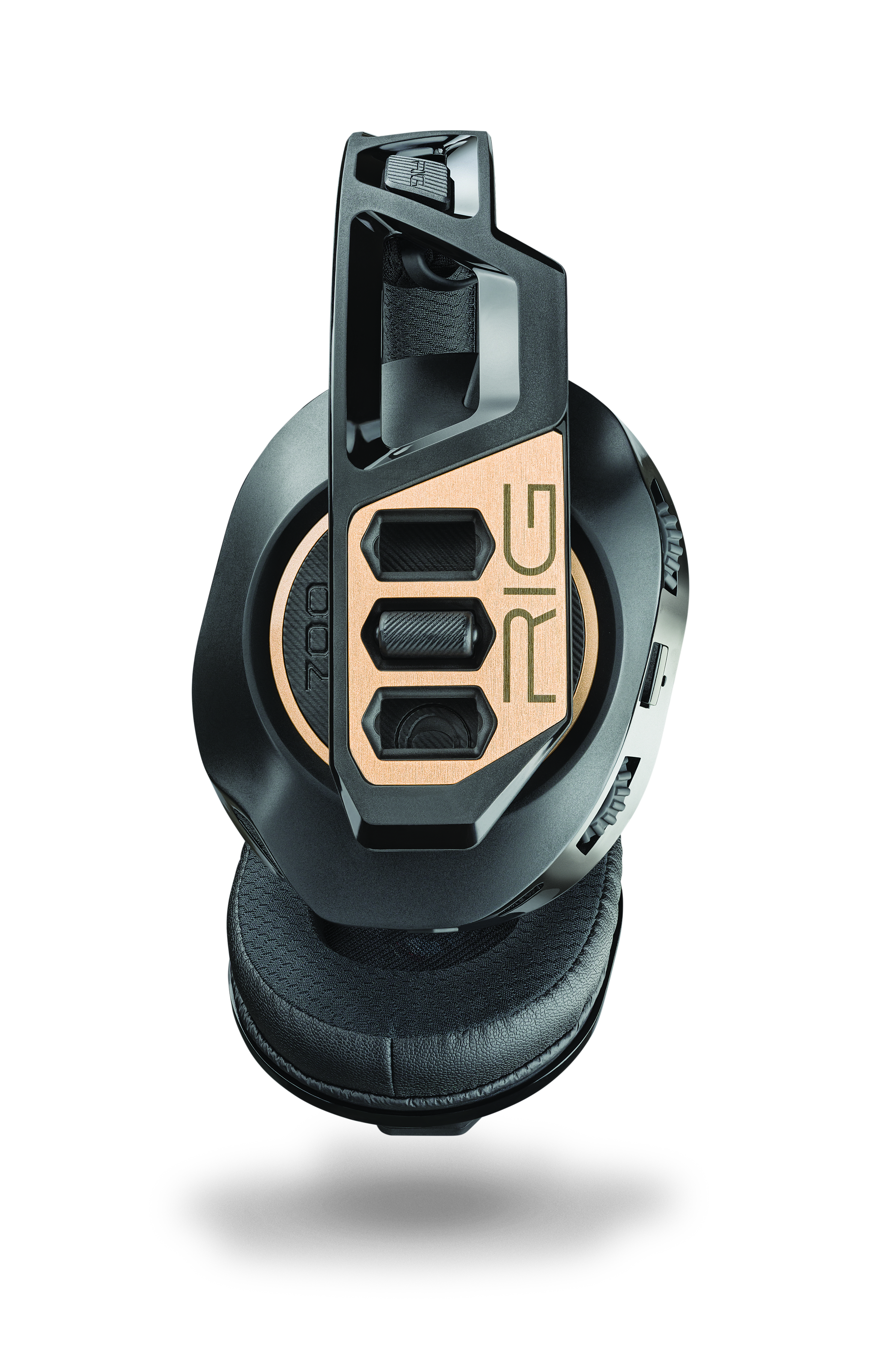 Czarne i złote słuchawki. Prawy nausznik jest skierowany do góry. Słowo RIG jest wyświetlane z boku.