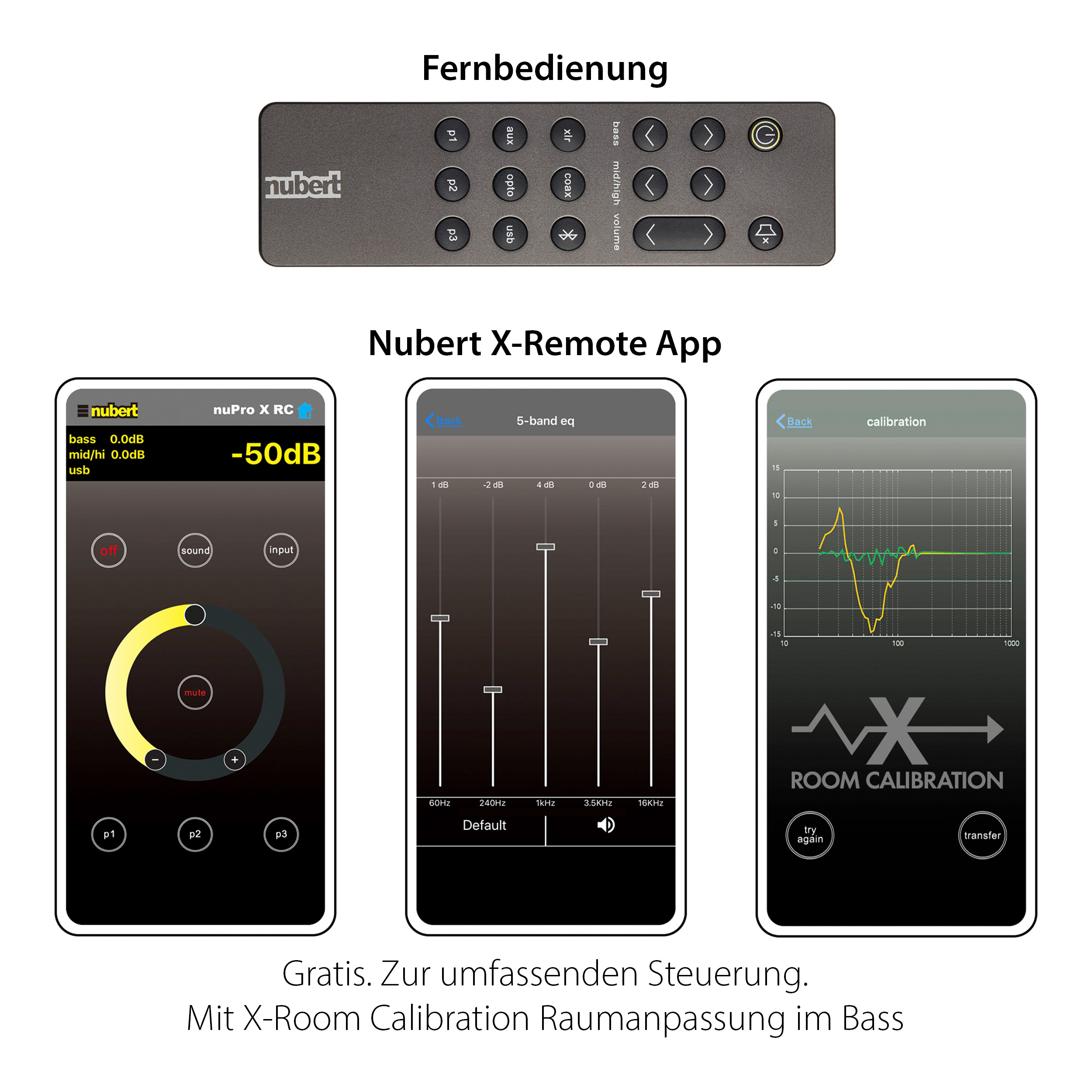 Bildschirme einer Nupro X-Remote App mit Fernbedienung, die Kalibrierungs- und EQ-Einstellungen anzeigen.