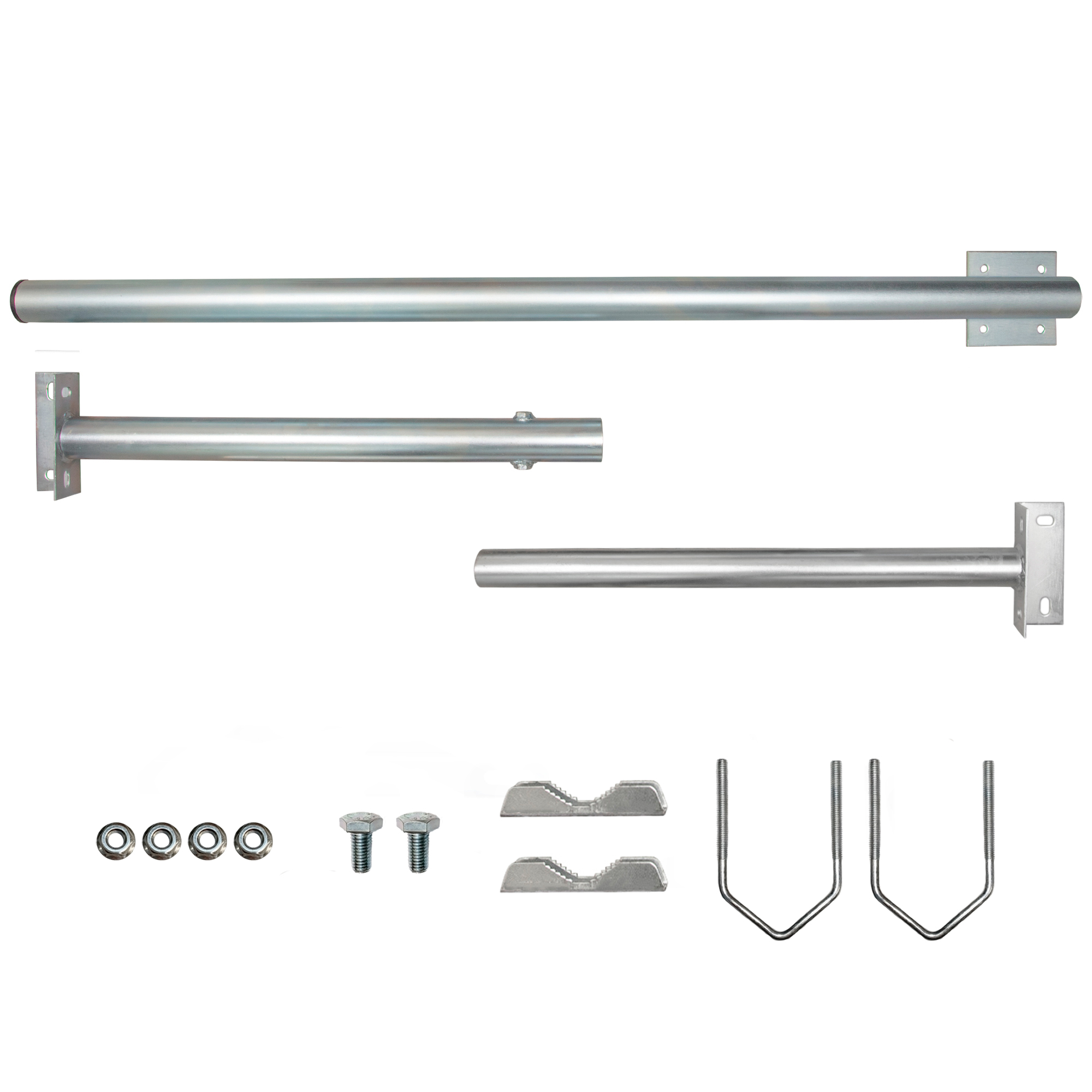 Verschiedene Metallstangen und Komponenten. Einige sind gerade, einige L-förmig, und es gibt Schrauben und andere Hardware.