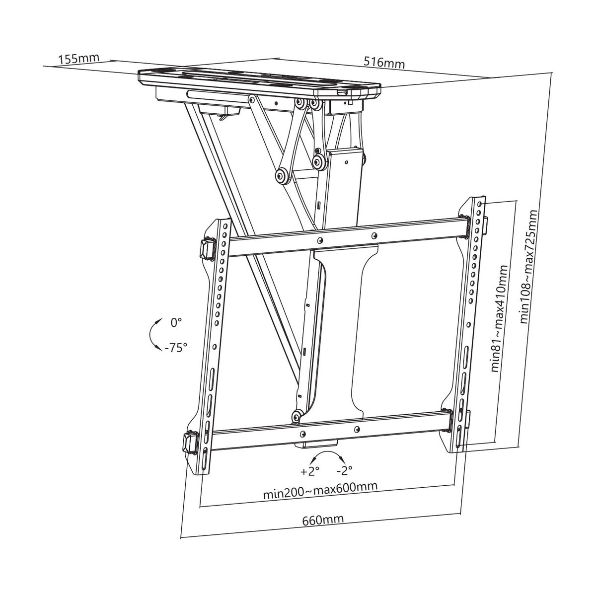 Diagram van een tv-beugel met afmetingen en hoeken, die de mechanica en metingen laat zien.