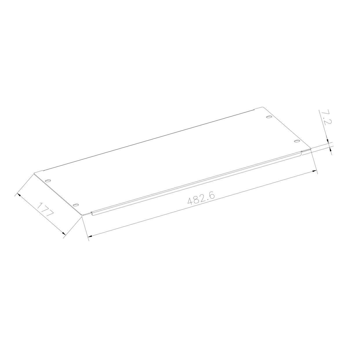 Disegno al tratto di una piastra metallica con dimensioni indicate (482,6 mm lungo, 177 mm largo, 7,2 mm spessore).