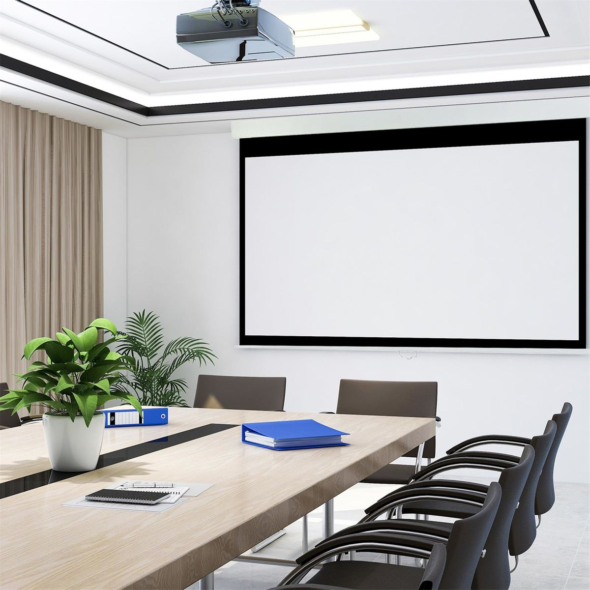 Een vergaderruimte met een projector en een wit scherm. Tafels en stoelen zijn aanwezig.
