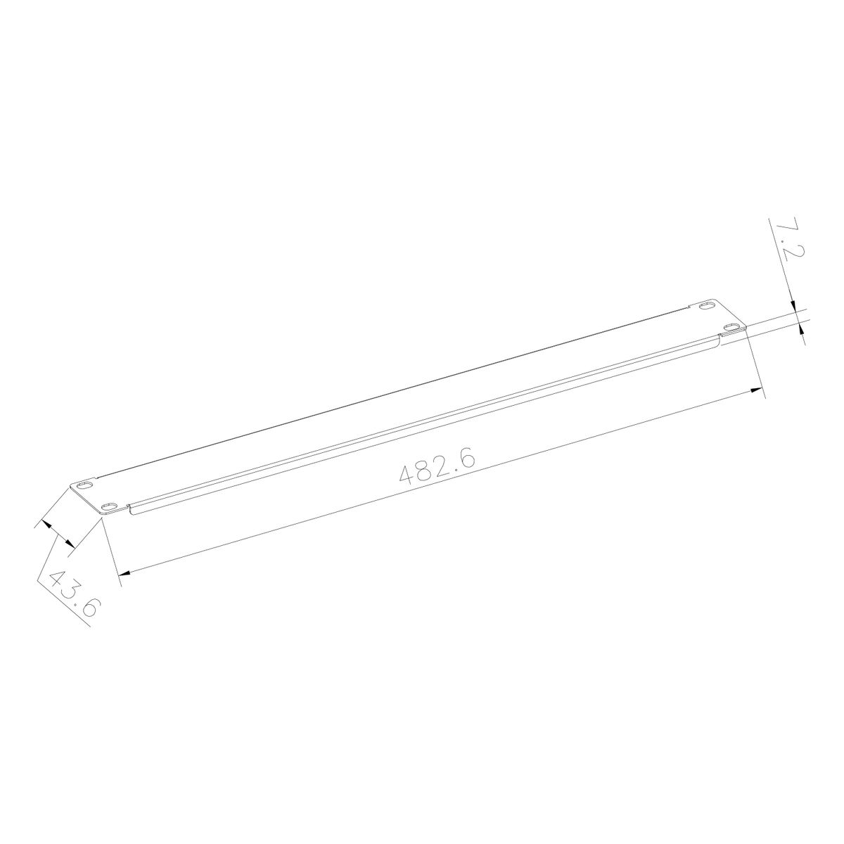 Disegno a linea di un lungo pezzo di metallo rettangolare con dimensioni: 482,6 mm di lunghezza, 43,6 mm di larghezza e 7,2 mm di spessore.