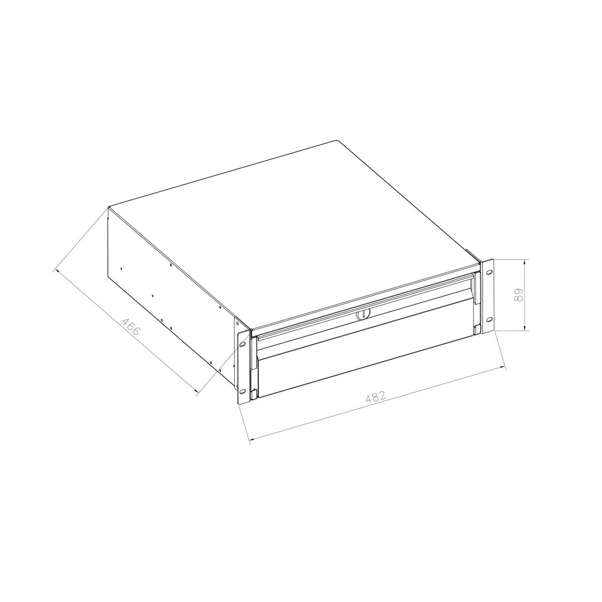 Un rack de servidor negro y plateado con dimensiones etiquetadas en milímetros.