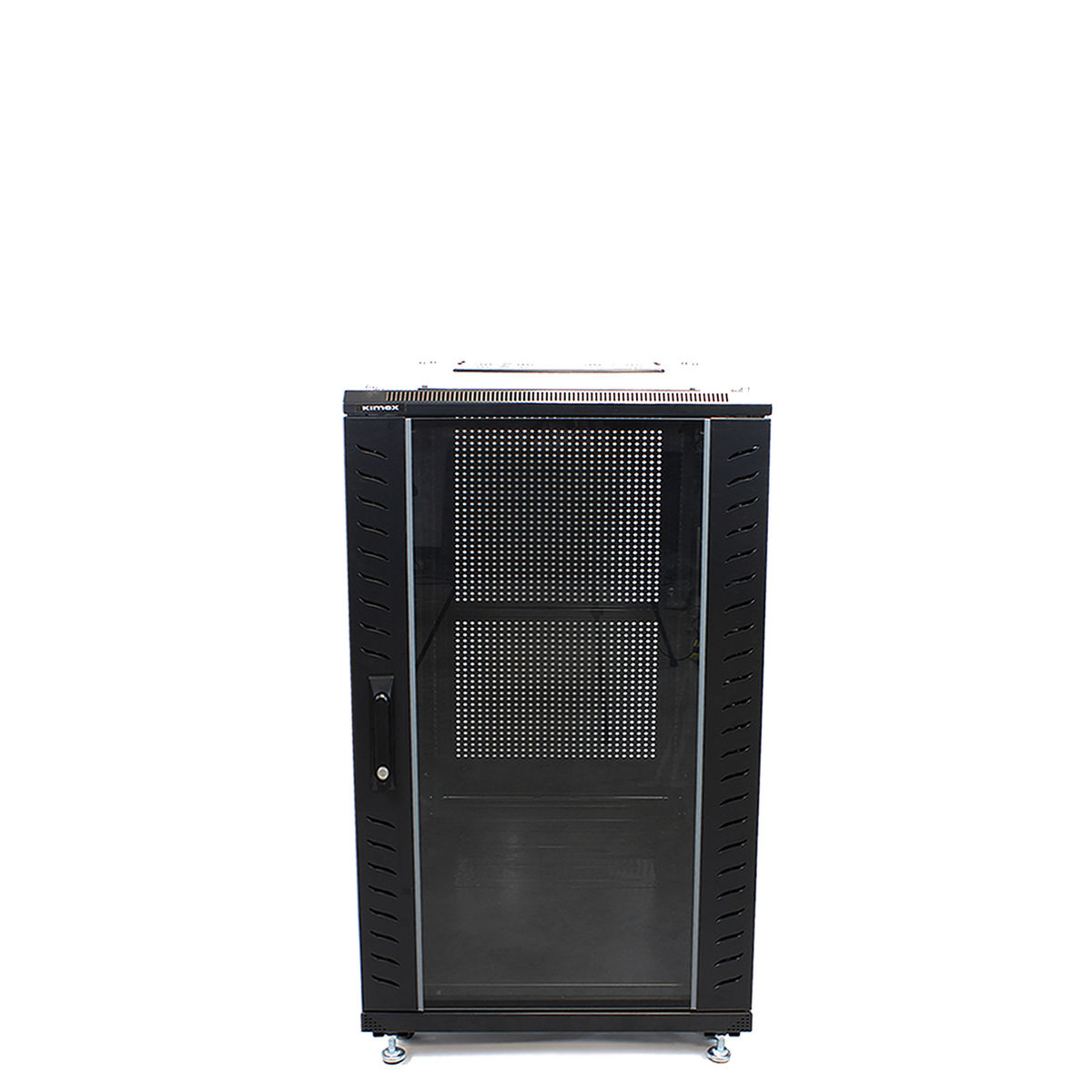 Un rack server nero su sfondo bianco. Il rack ha una porta a vetri.