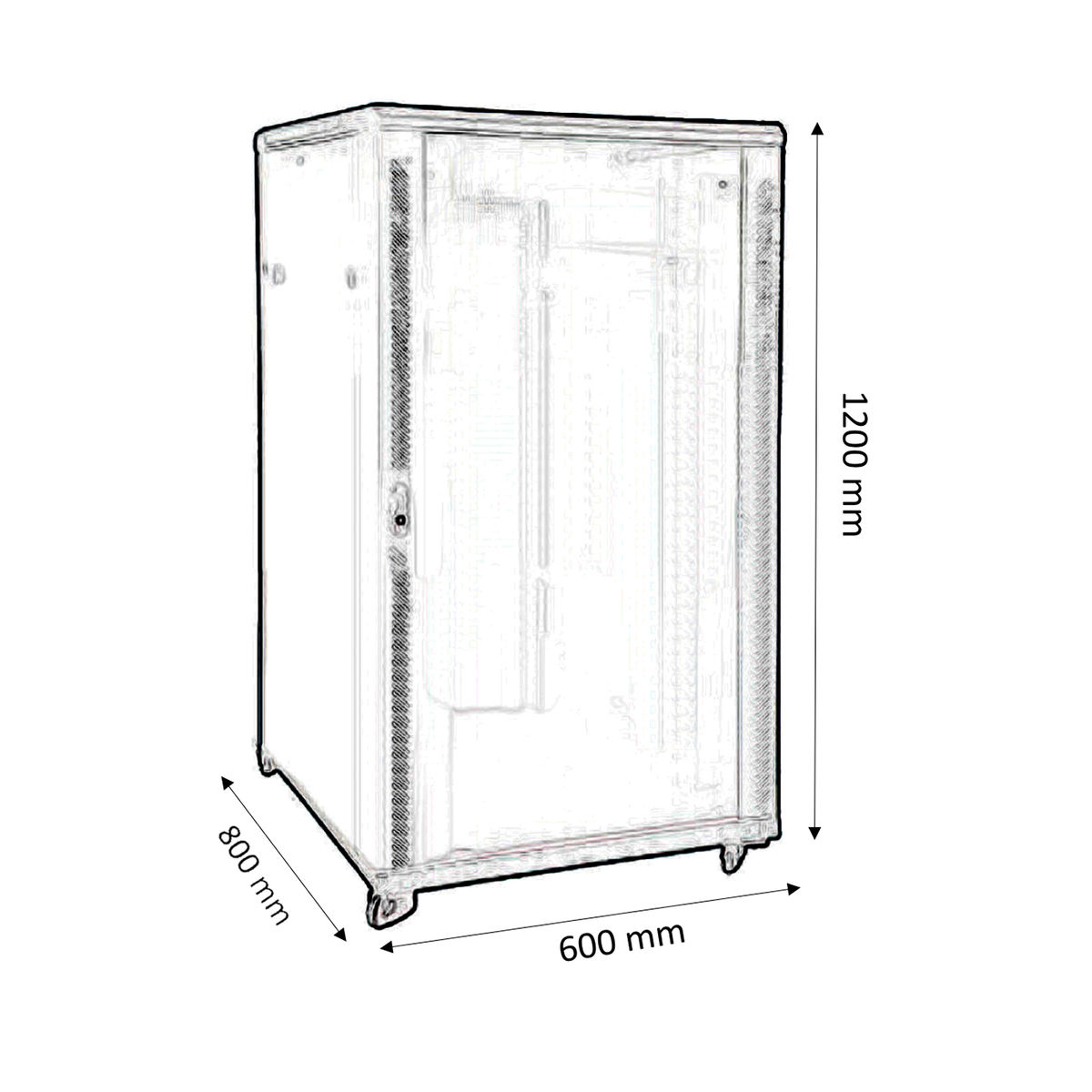 Un disegno a filo di un rack per server. Dimensioni: 800 mm x 600 mm x 1200 mm.