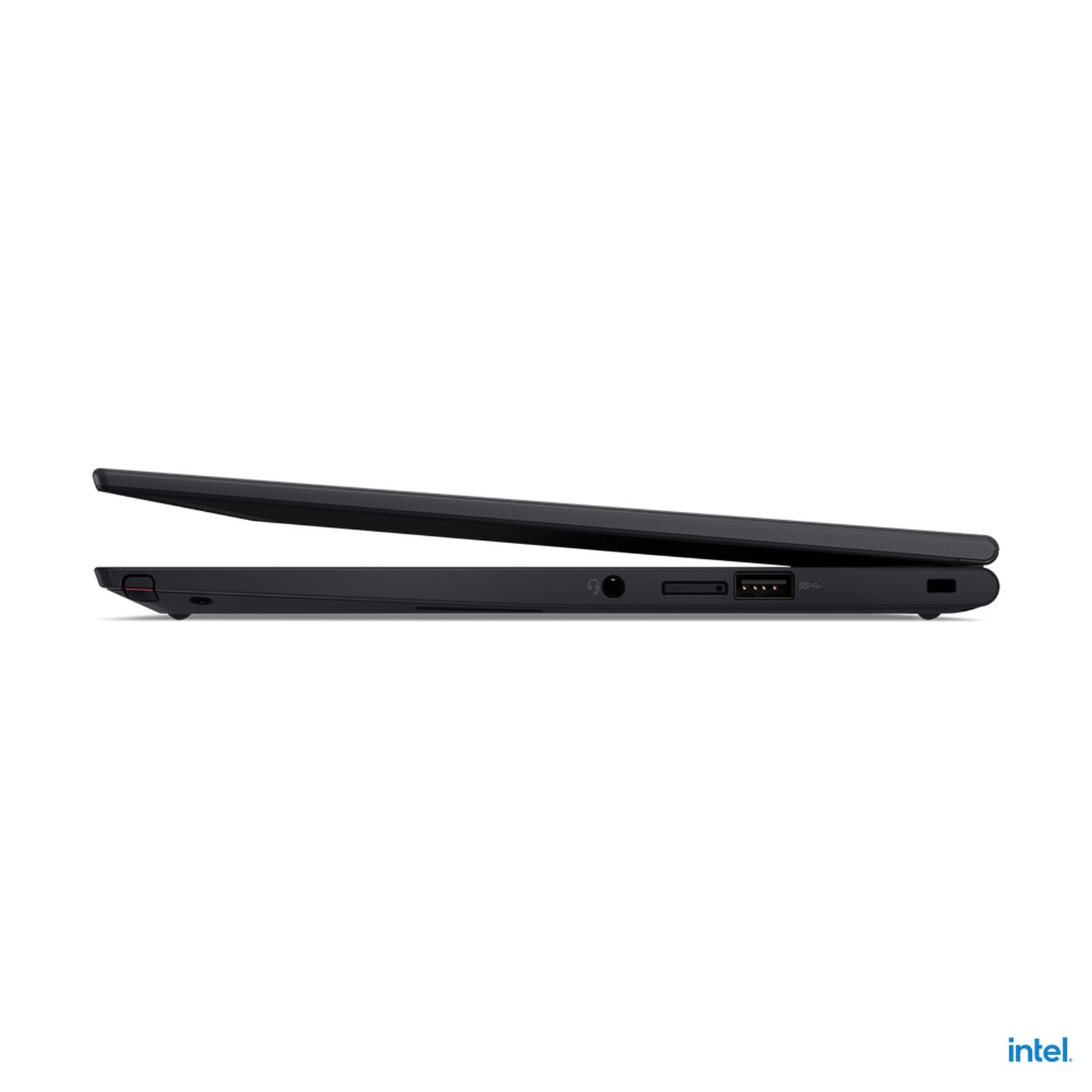 Seitenansicht eines schwarzen Laptops. Er ist teilweise geöffnet und zeigt Bildschirm und Tastatur.