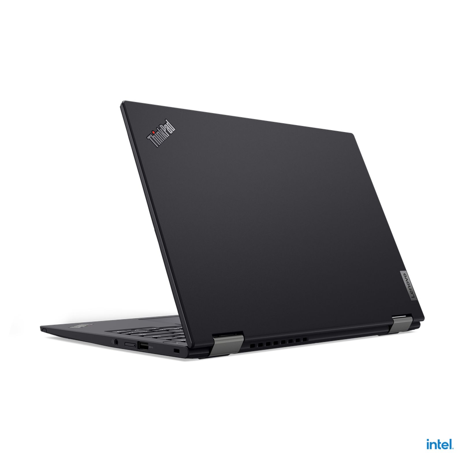Schwarzes Lenovo ThinkPad Laptop, geöffnet. Der Bildschirm ist abgewandt und zeigt das ThinkPad-Logo.