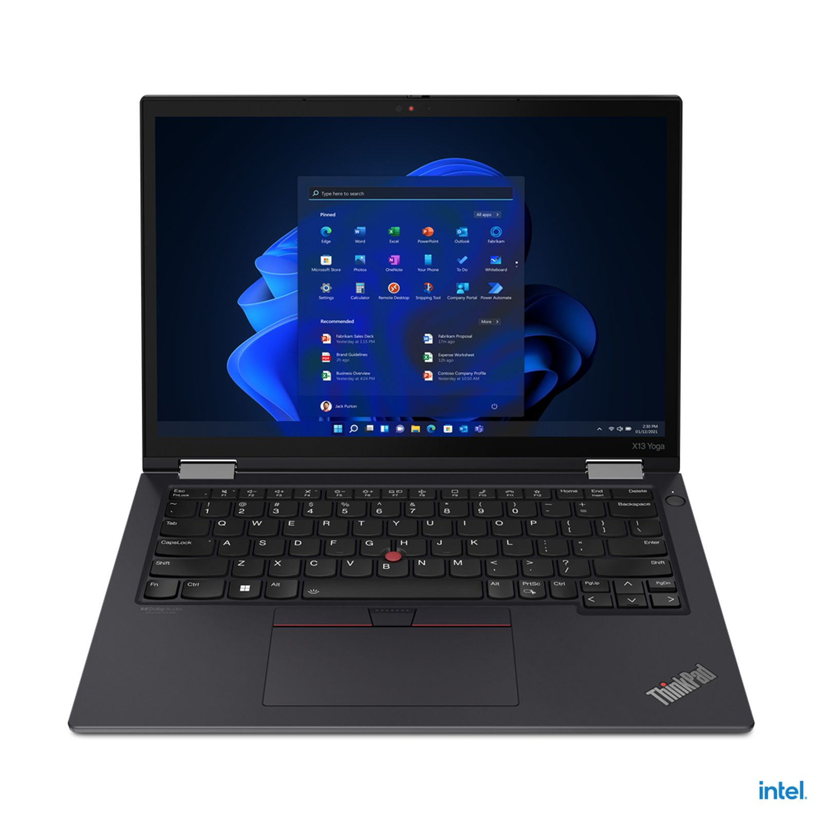 Ein schwarzes Lenovo ThinkPad Laptop ist auf einer weißen Oberfläche geöffnet.