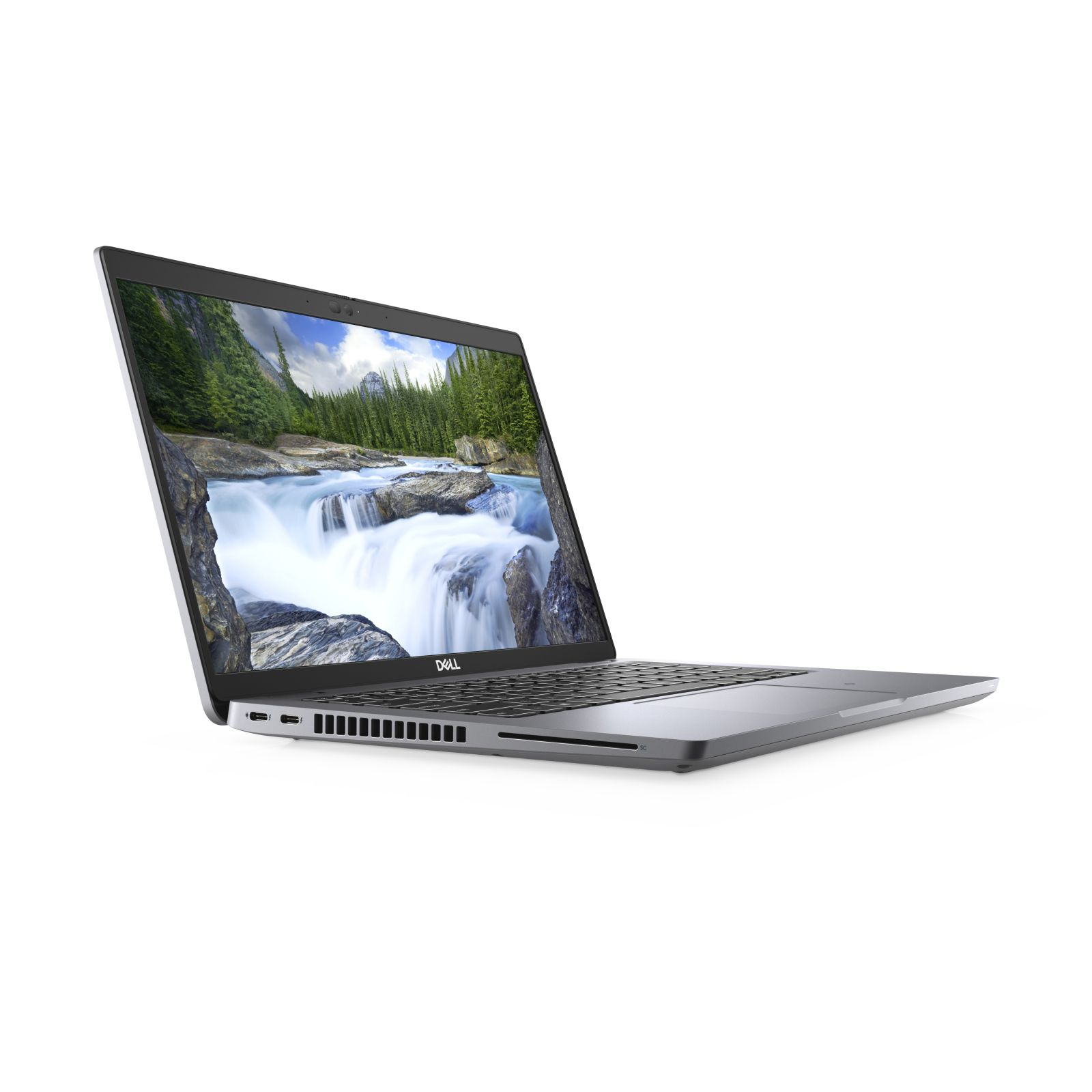 Silberner Laptop, Bildschirm zeigt eine Wasserfallszene. Er ist nach rechts angewinkelt, offen und auf weißem Grund.