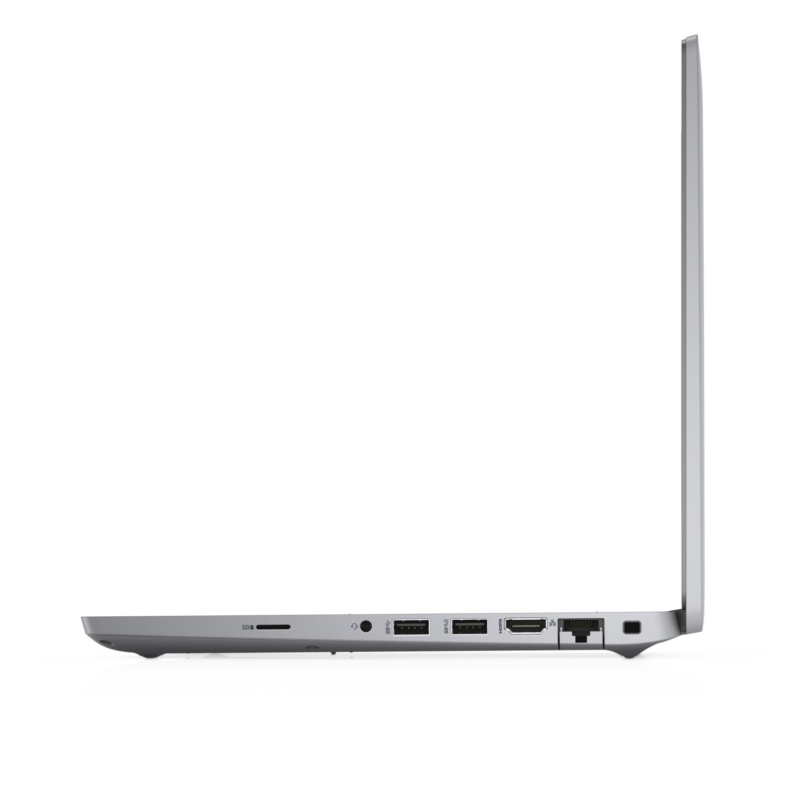 Seitenansicht eines silbernen Laptops, zeigt Anschlüsse und schlankes Profil.