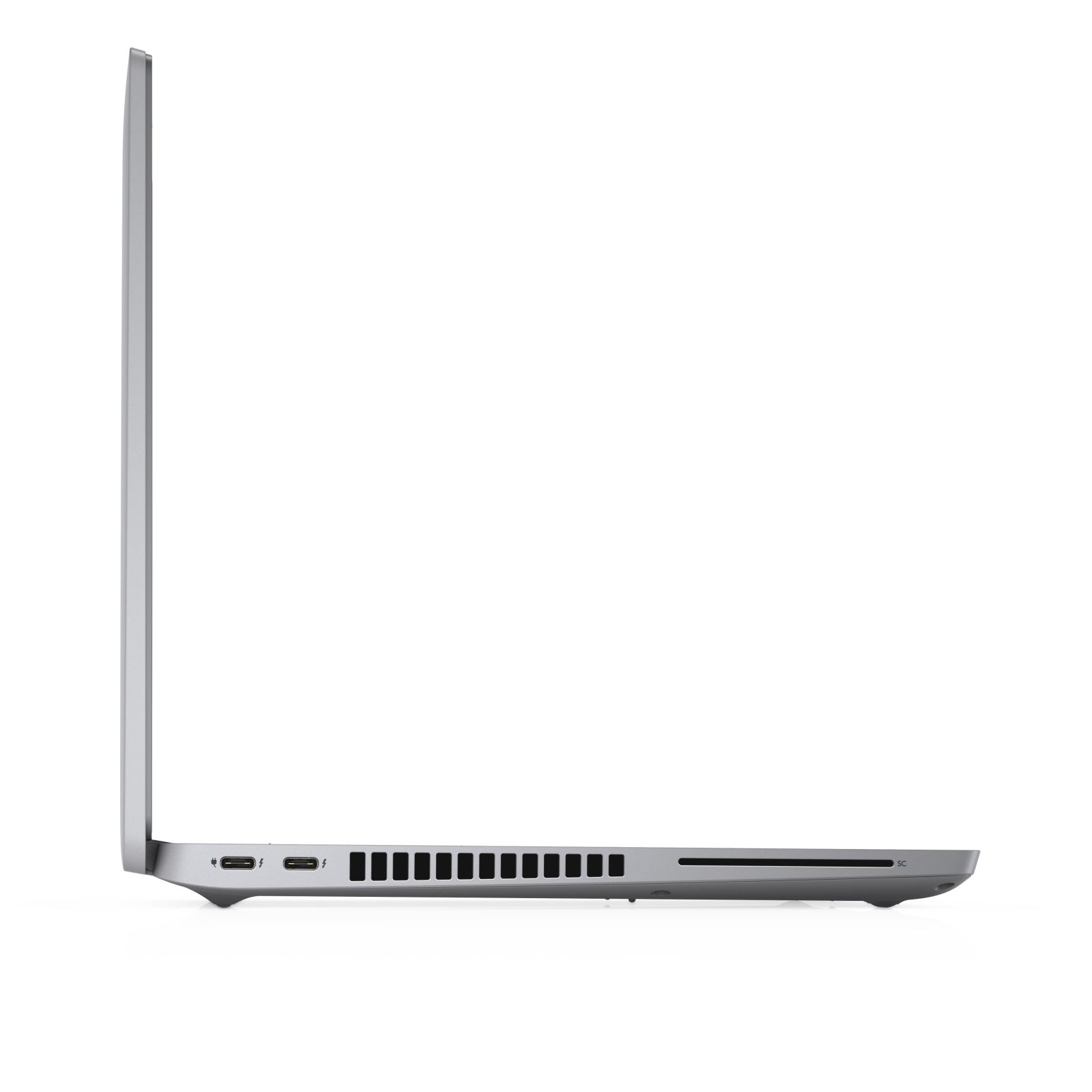 Seitenansicht eines silbernen Laptops mit Anschlüssen und Bildschirm auf weißem Hintergrund.