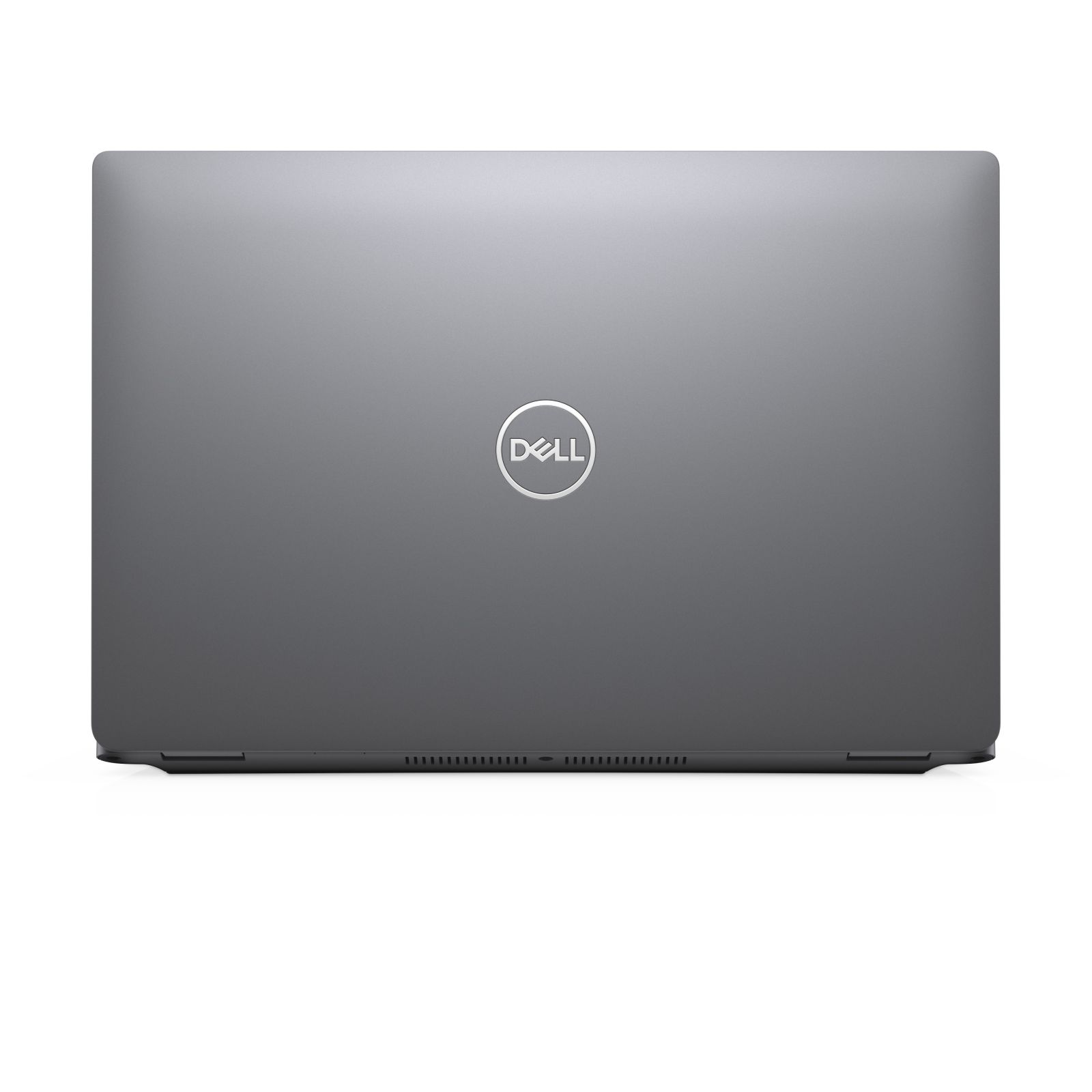 Rückseite eines grauen Dell-Laptops. In der Mitte des Deckels befindet sich ein silbernes Dell-Logo.