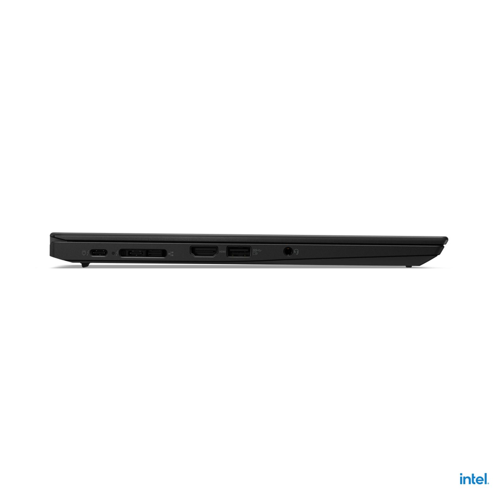 Ein schwarzer Laptop ist geschlossen, Seitenansicht, mit sichtbaren Anschlüssen auf der linken Seite und Intel-Logo unten.