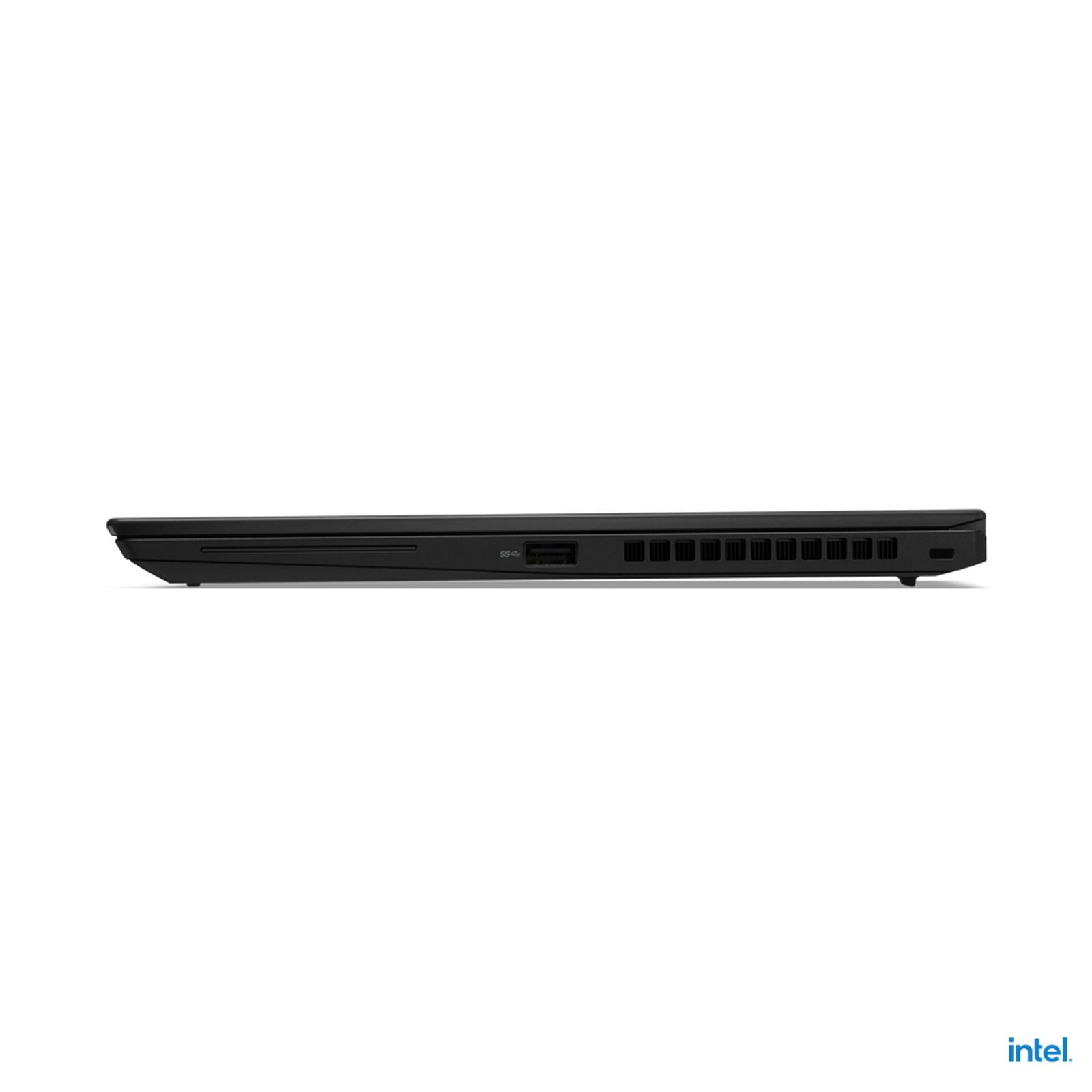 Schwarzer Laptop, Seitenansicht. Anschlüsse und Lüfter sichtbar. Intel-Logo unten.
