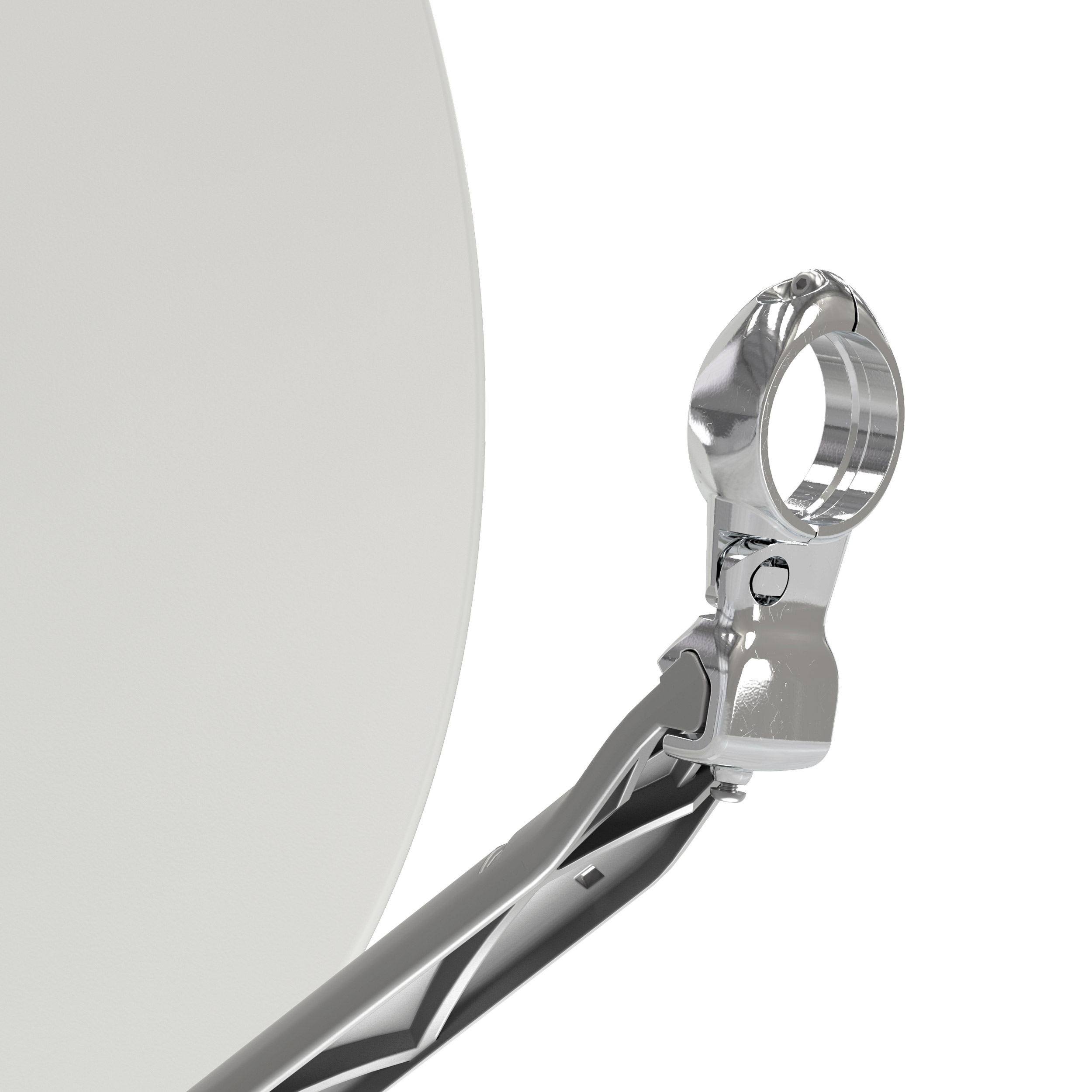 Eine Satellitenschüssel mit einem silbernen Arm, der sich nach links erstreckt.