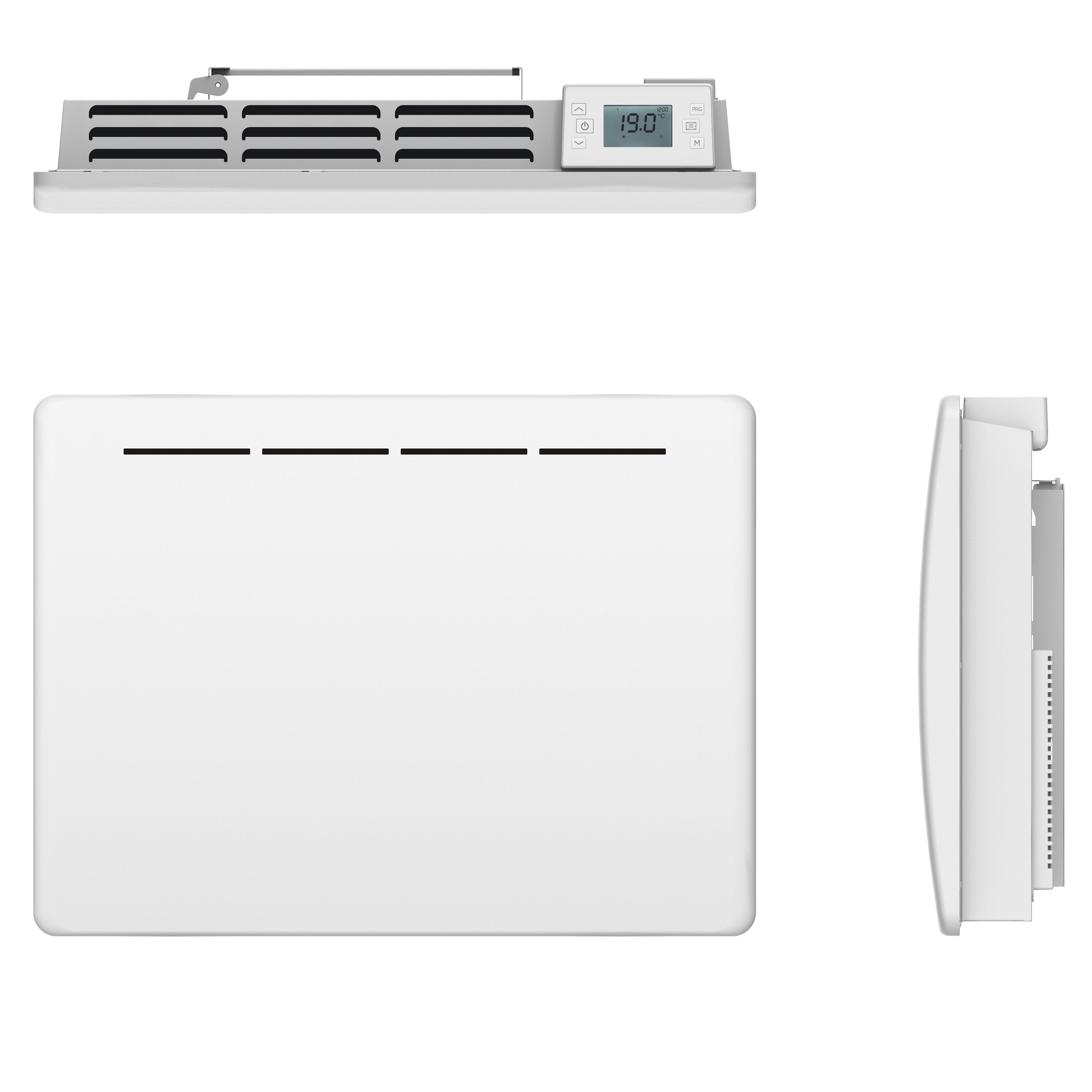 Weißer Elektroheizer aus verschiedenen Blickwinkeln. Es hat einen digitalen Bildschirm und eine Entlüftung oben.
