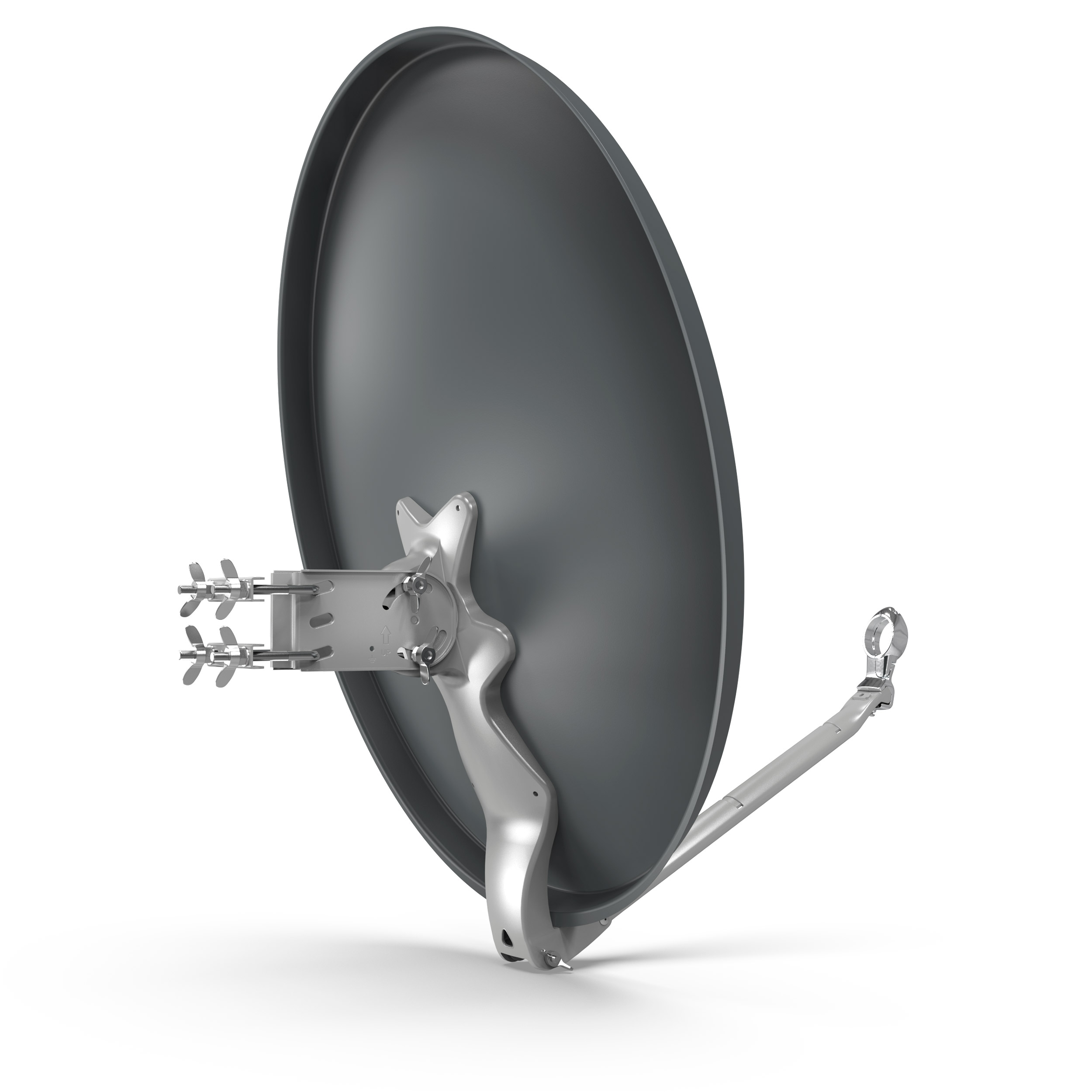 Eine Satellitenschüssel, grau, auf weißem Hintergrund montiert. Die Schüssel hat einen metallischen Arm und eine Halterung.
