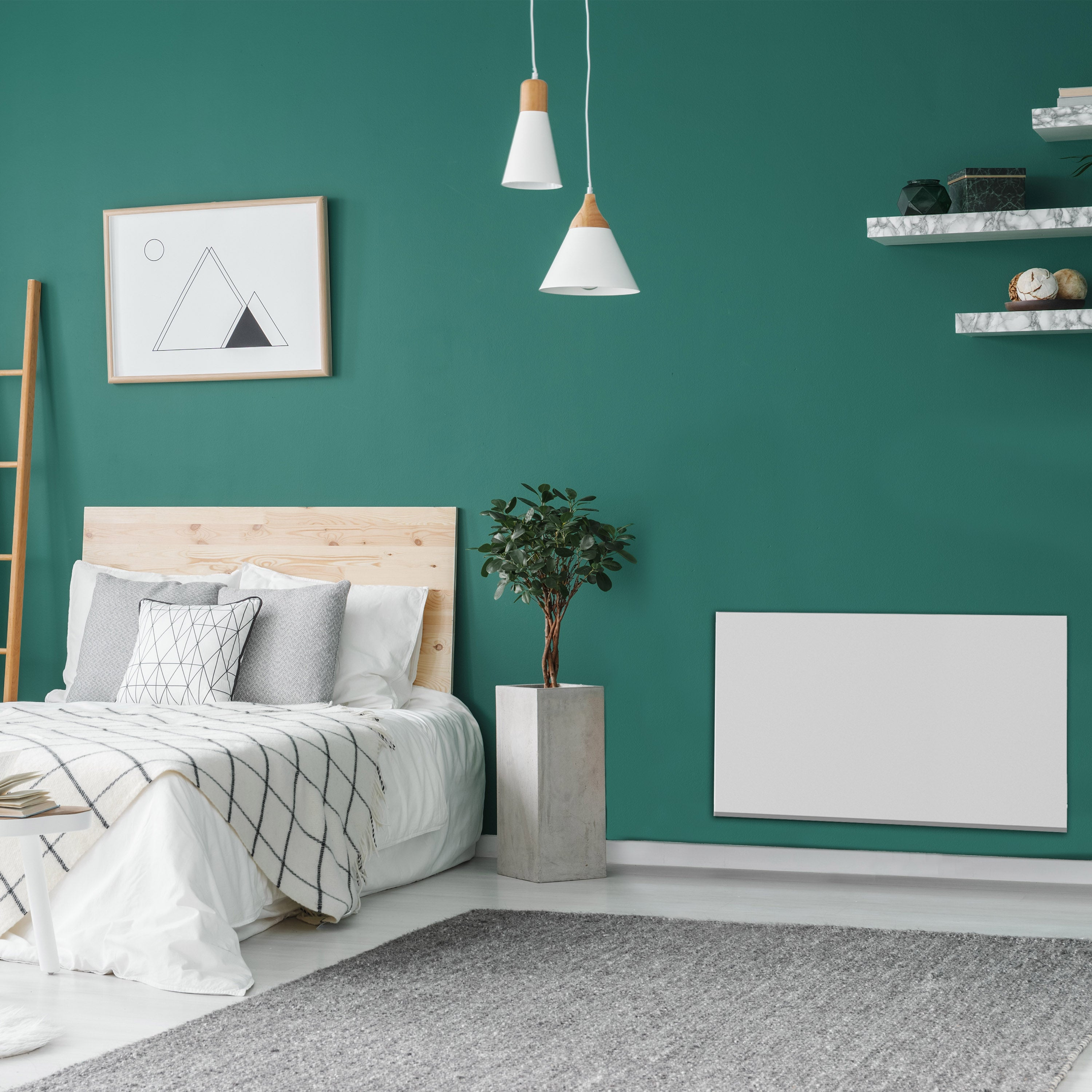 Schlafzimmer mit grüner Wand, Bett, Teppich und Heizung.