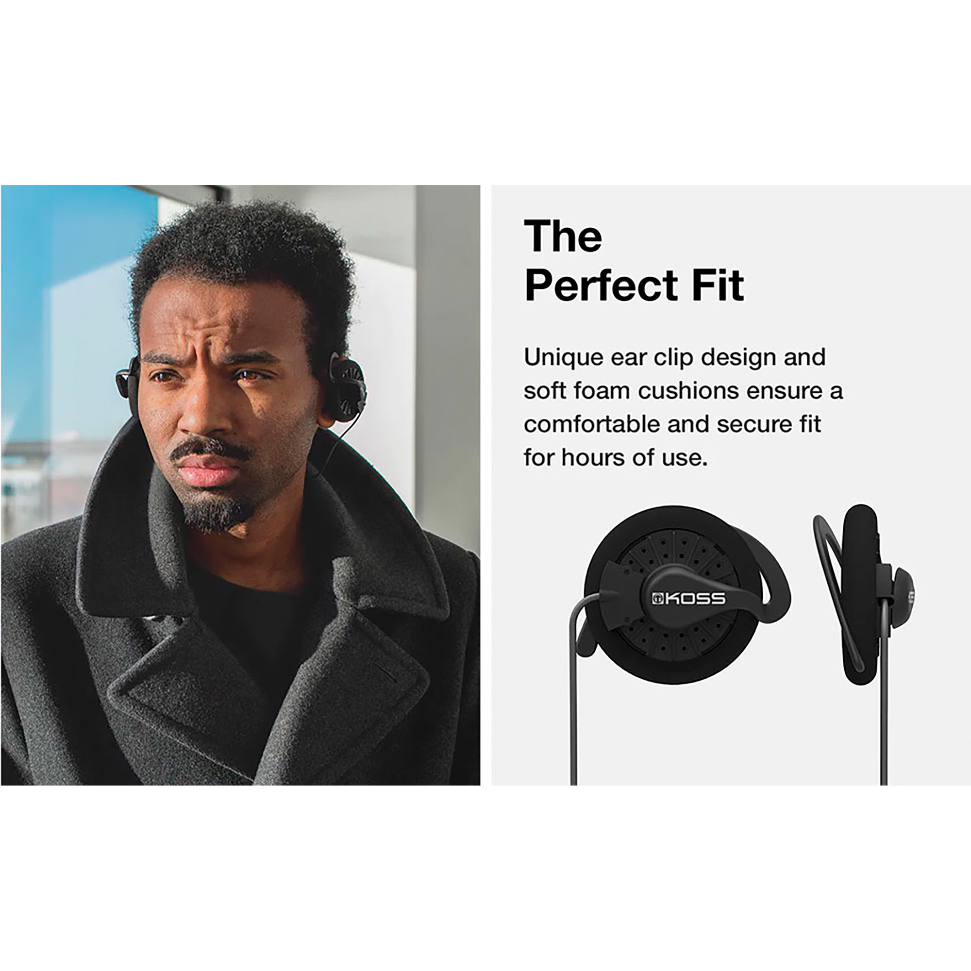 Mężczyzna noszący słuchawki z unikalną konstrukcją klipsa do ucha i miękkimi poduszkami z pianki.