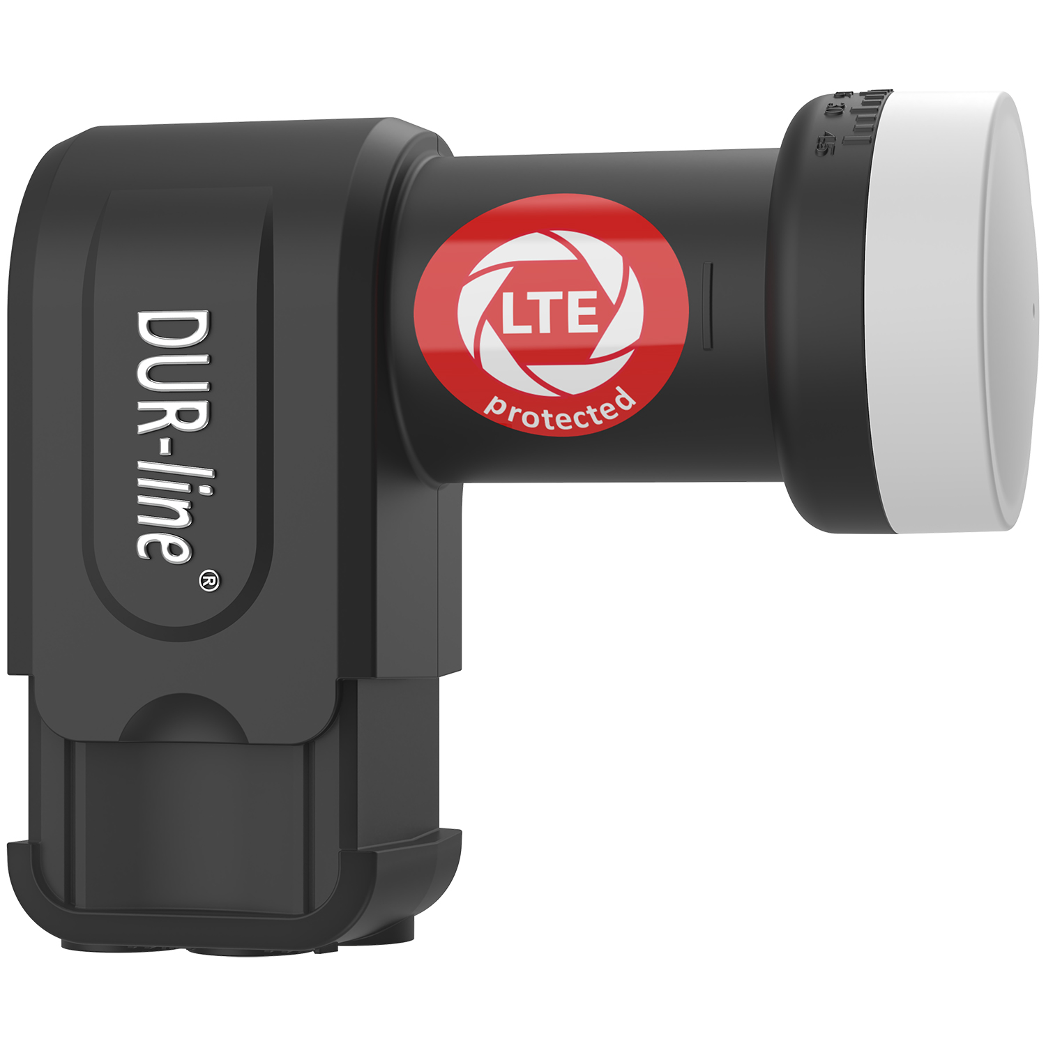 Schwarz-weißes LNB mit rotem und weißem LTE-geschütztem Etikett, isolierte Ansicht.