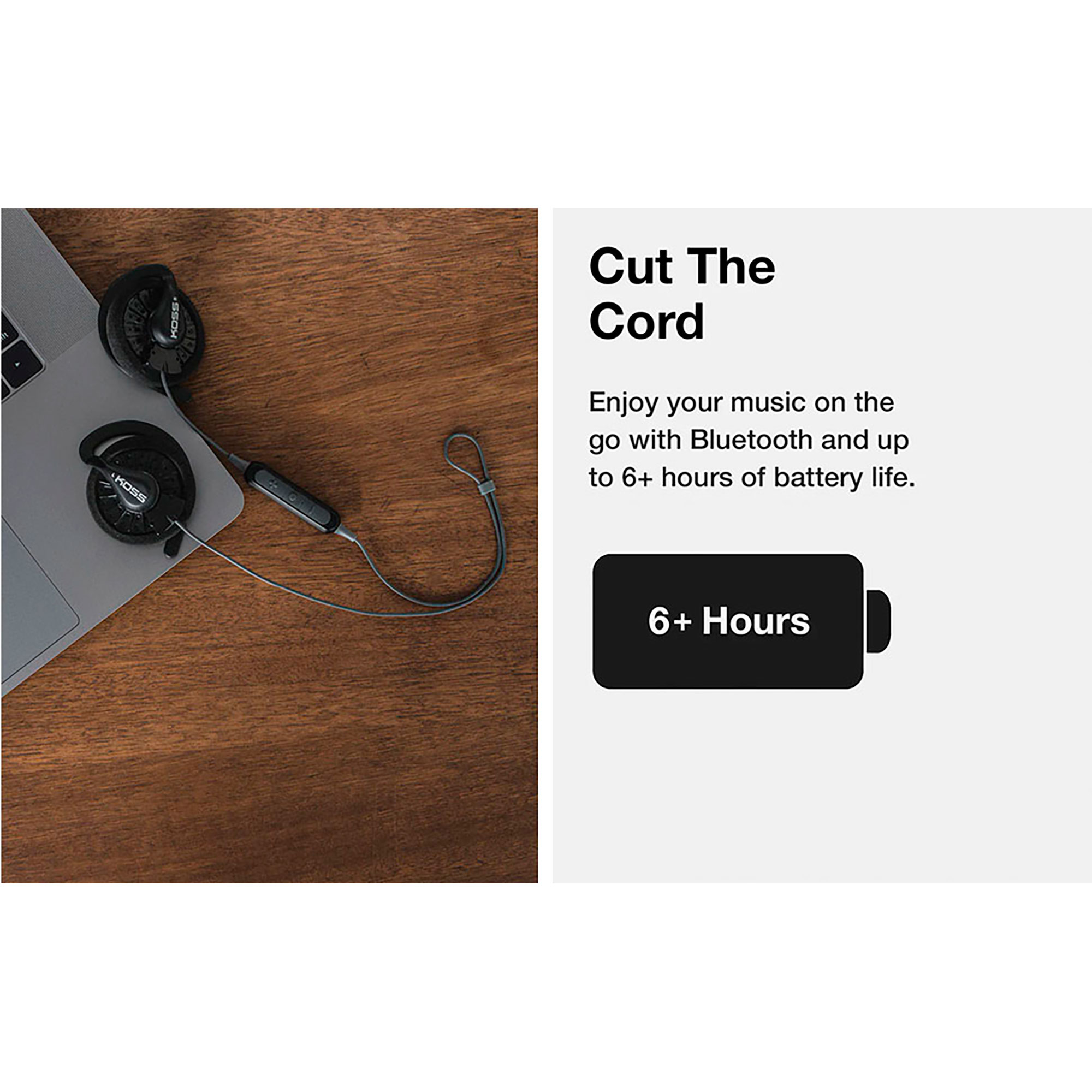Słuchawki na drewnianym stole z tekstem: Odetnij przewód. Tekst: 6+ godzin pracy na baterii.