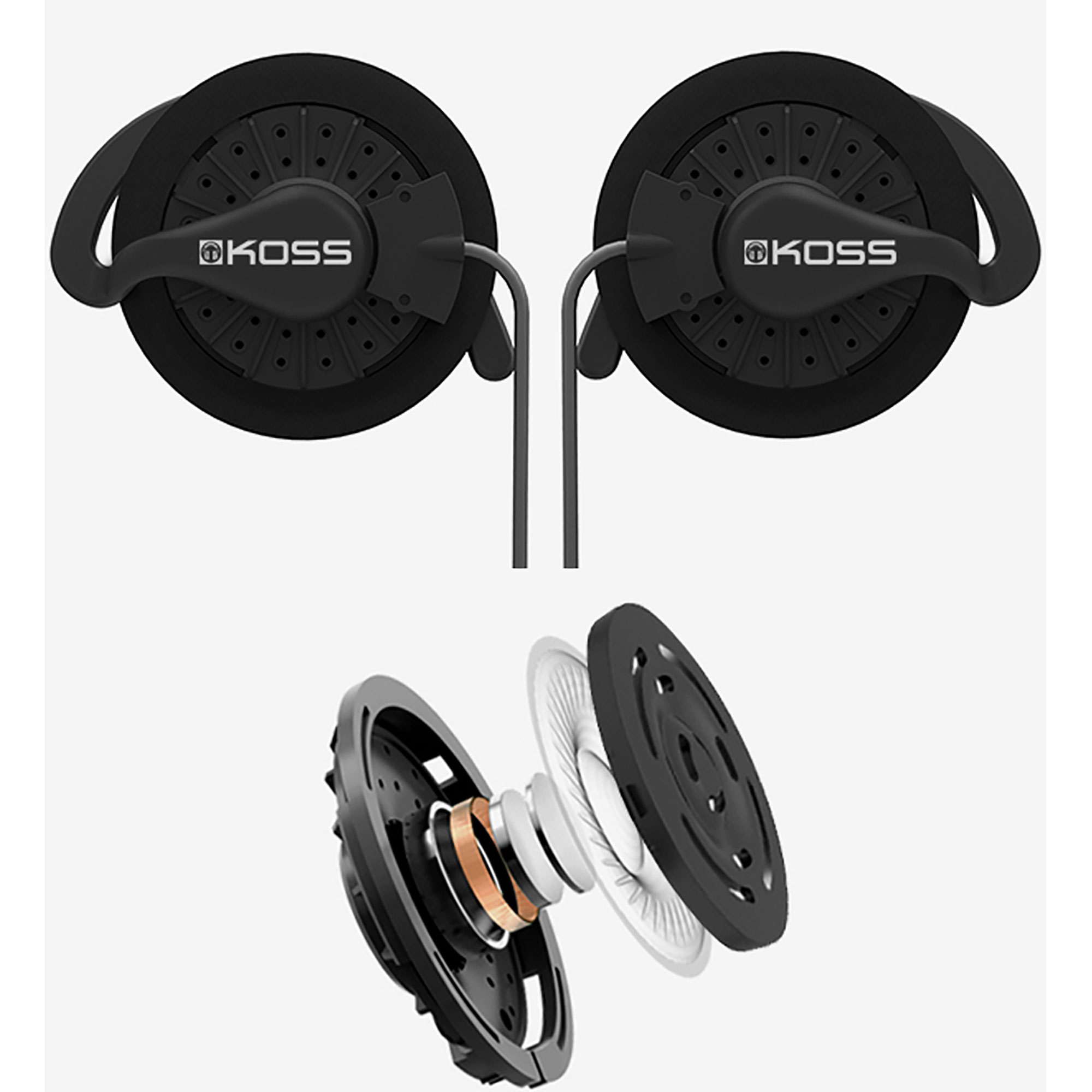 Dwa czarne słuchawki sportowe i szczegółowy widok rozstrzelony elementów wewnętrznych słuchawek.