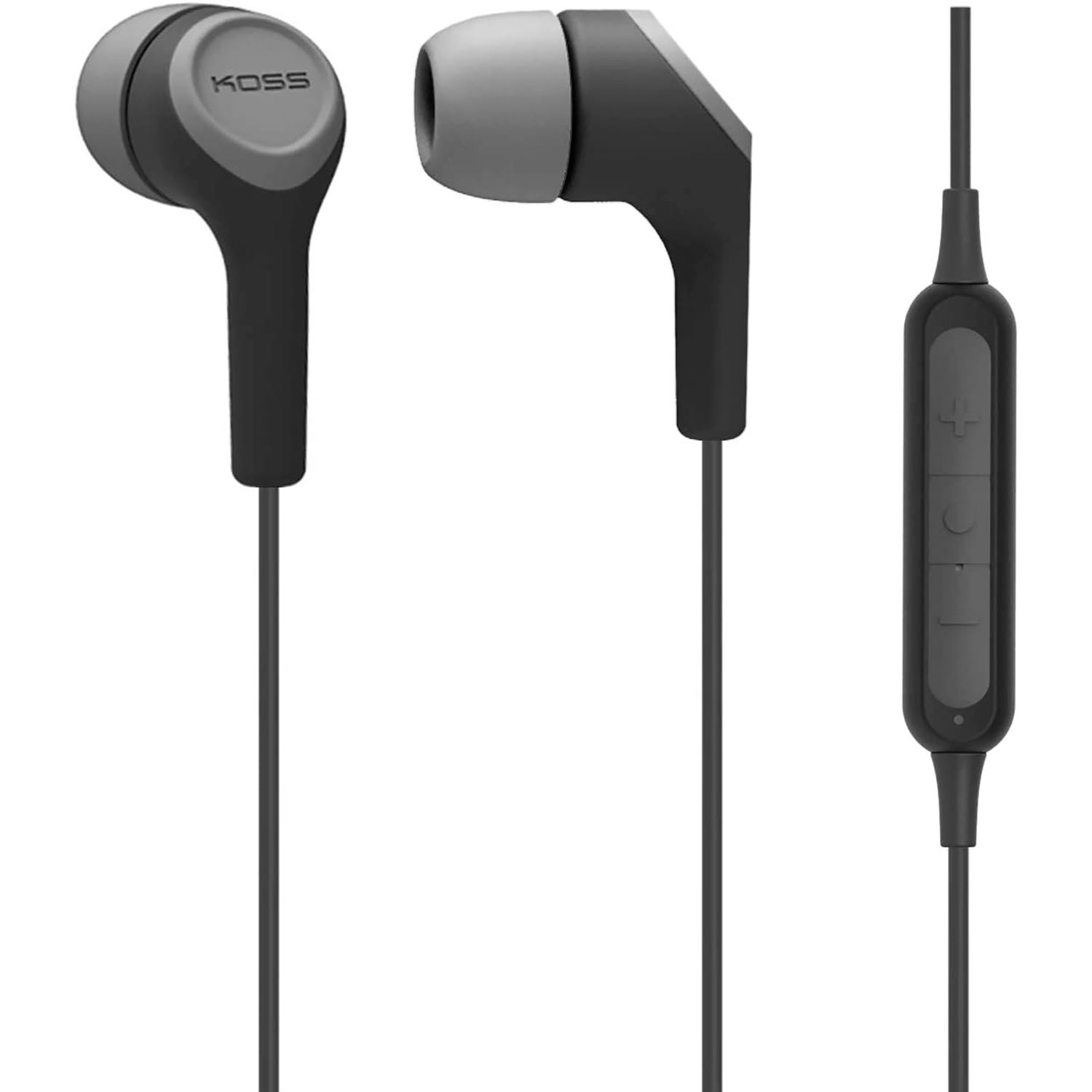 Auricolari neri e grigi con controllo volume e cavo nero, sfondo bianco.