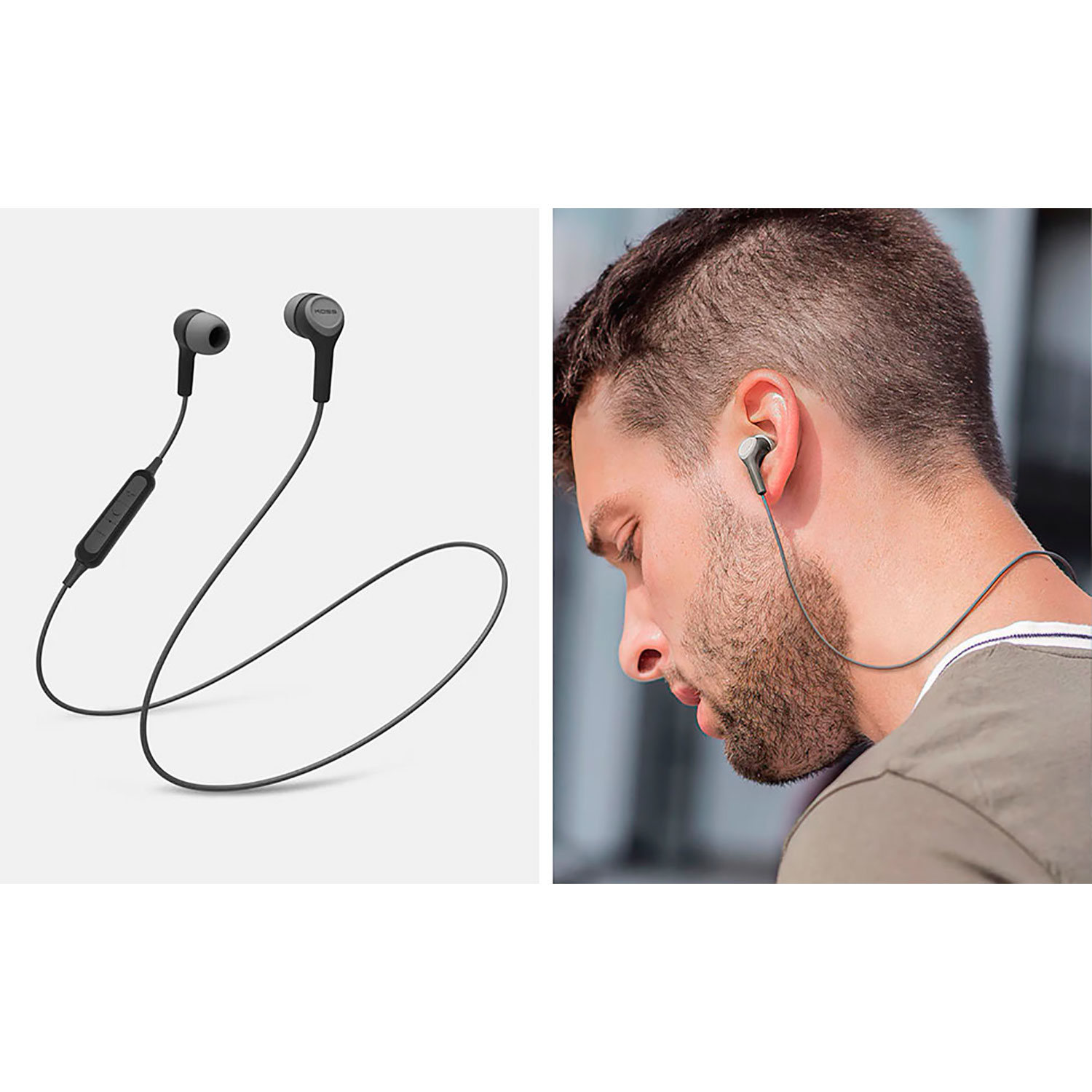 Due set di auricolari neri e grigi, uno in uso. Un uomo con gli auricolari guarda in basso.