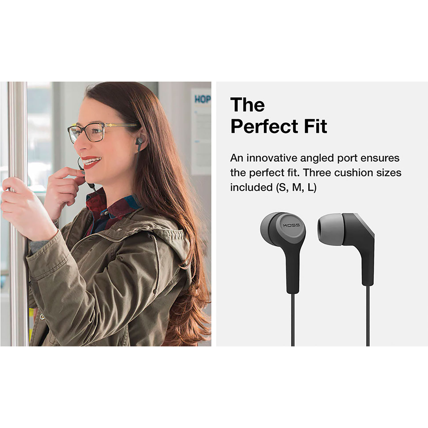 Donna con occhiali tiene un auricolare. Testo: The Perfect Fit, con dettagli del prodotto.