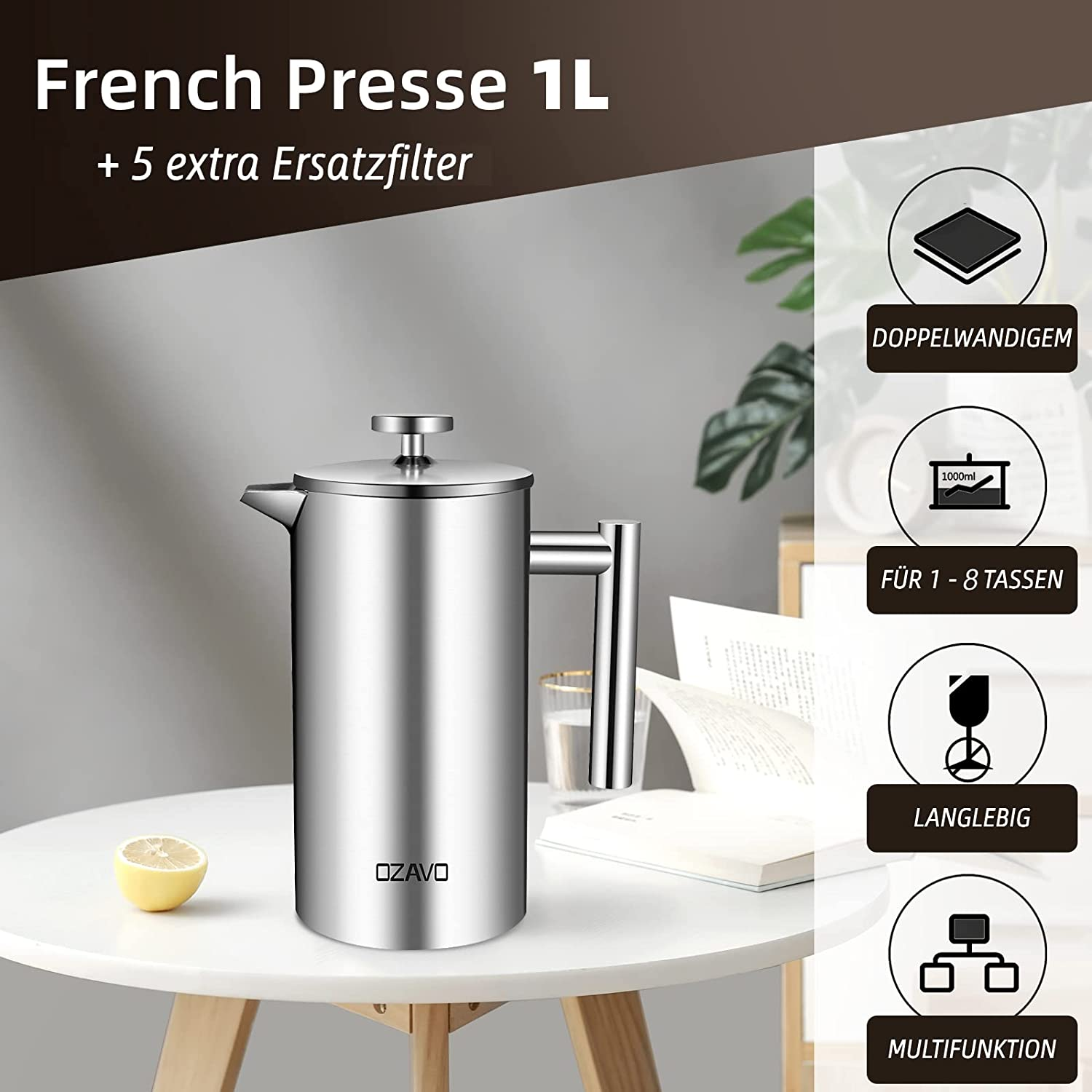 Französische Kaffeepresse aus Edelstahl mit Text und Symbolen. Zitrone und Buch.