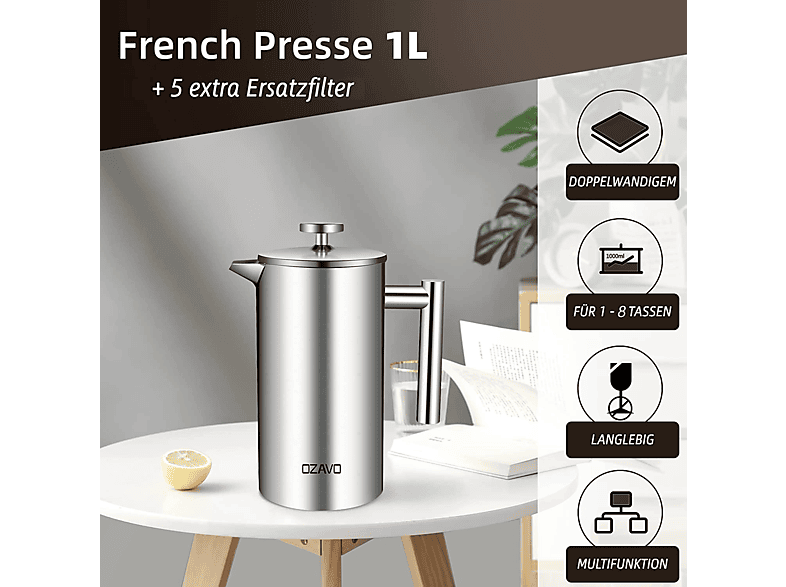 Echtwerk French Press van roestvrij staal, dubbelwandig geïsoleerde thermokoffiepers, koffiemaker met persfilter voor thuis, camping en kantoor, 800 ml, koperen editie