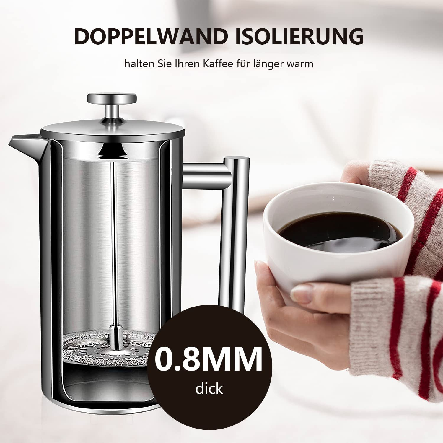 Edelstahl-French Press mit einer Tasse Kaffee und Text, der 0,8 mm Dicke anzeigt.