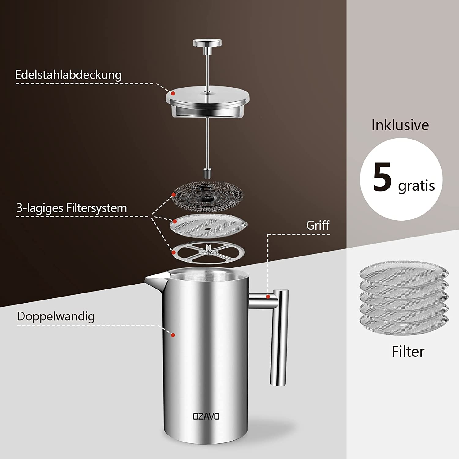 Französische Kaffeepresse aus Edelstahl mit Etiketten und fünf kostenlosen Filtern.