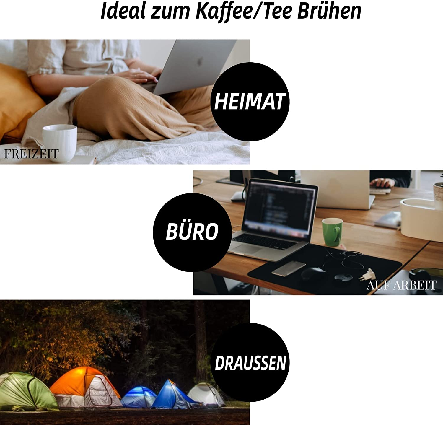 Collage: Menschen arbeiten, campen und entspannen. Text kennzeichnet jede Aktivität.