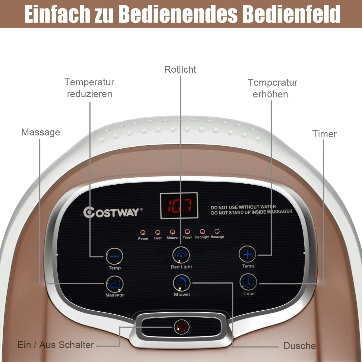 Nahaufnahme eines Fußbad-Bedienfelds mit deutschen beschrifteten Knöpfen, braun und weiß.