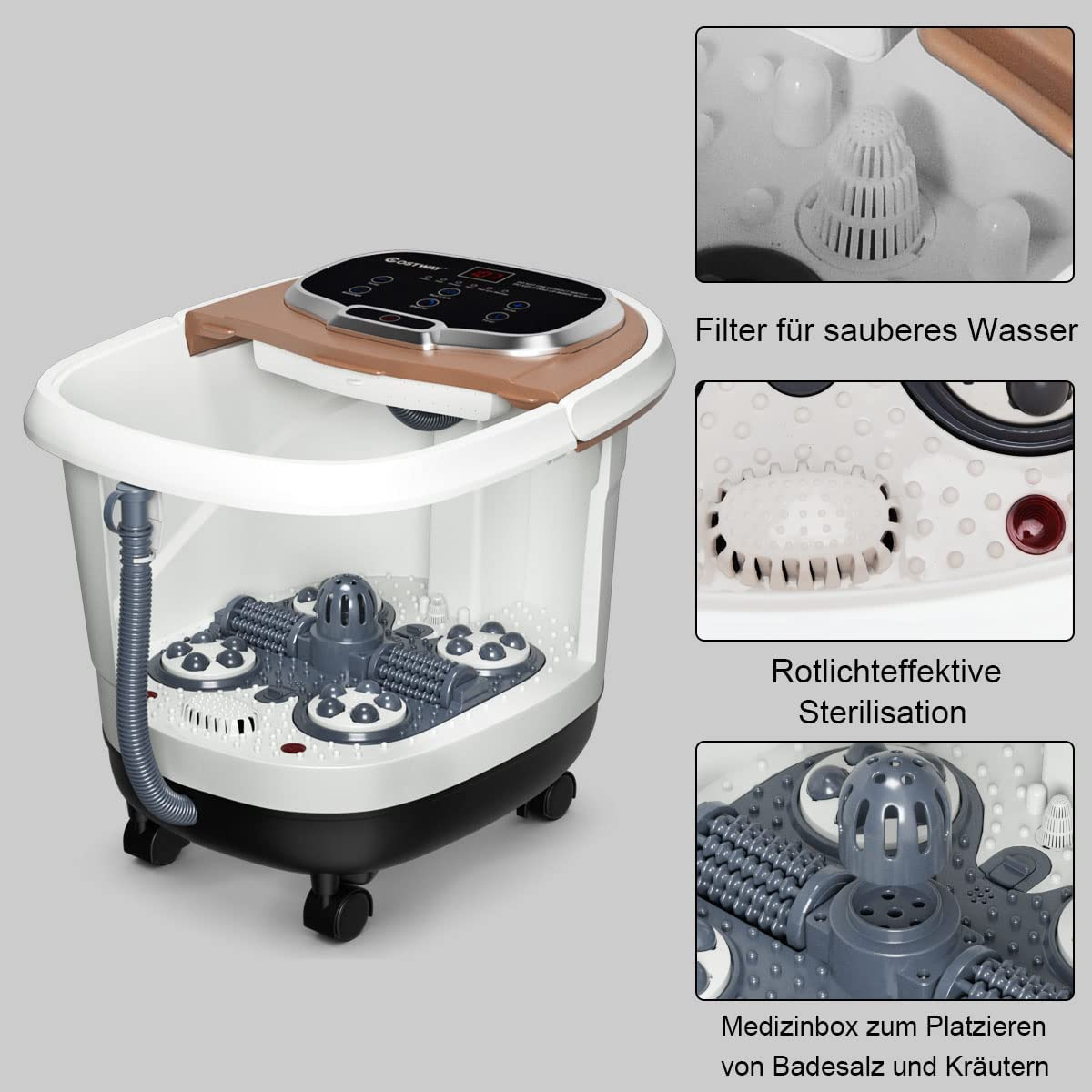 Ein Fußbad mit Details der Funktionen: Filter, Massagenoppen und Sterilisation.