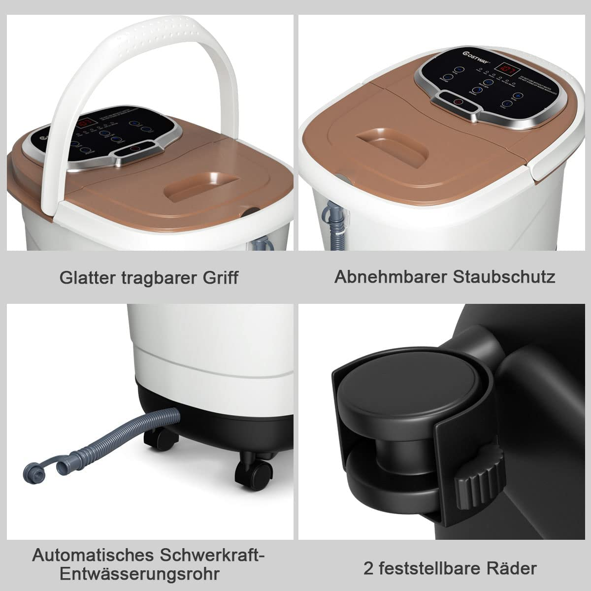 Vier Bilder eines Fußbades. Es umfasst einen Griff, einen abnehmbaren Deckel, ein Abflussrohr, Räder und verstellbare Füße.