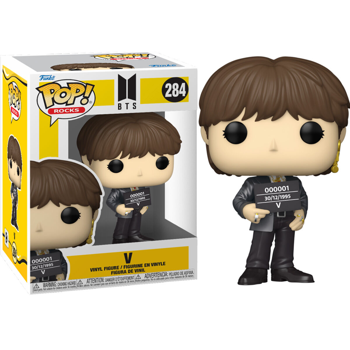 BTS V Funko Pop Figur mit Box. Die Figur hält ein Schild.