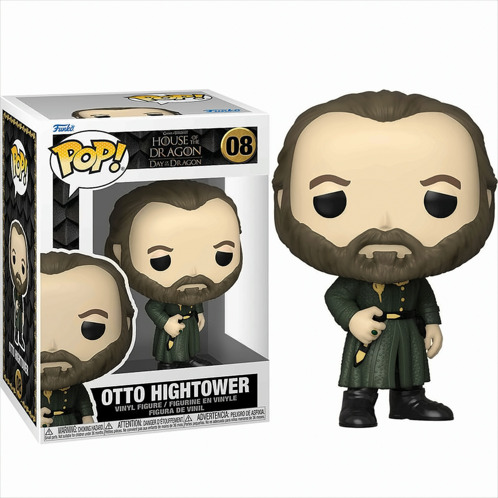 Una figura Funko Pop di Otto Hightower da House of the Dragon, con scatola.