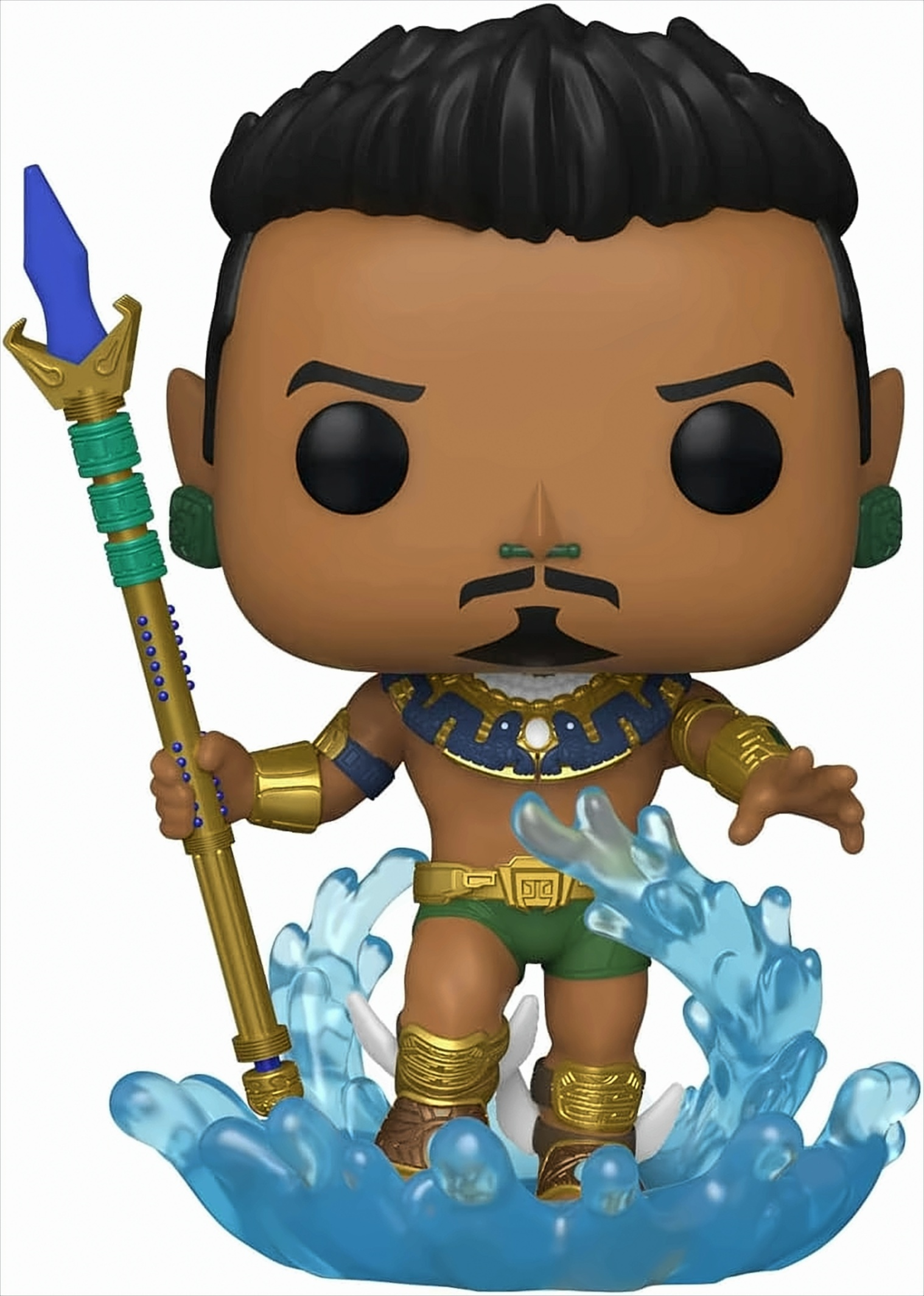 Funko Pop de Namor, un superhéroe, con efectos de agua azul y un cetro.