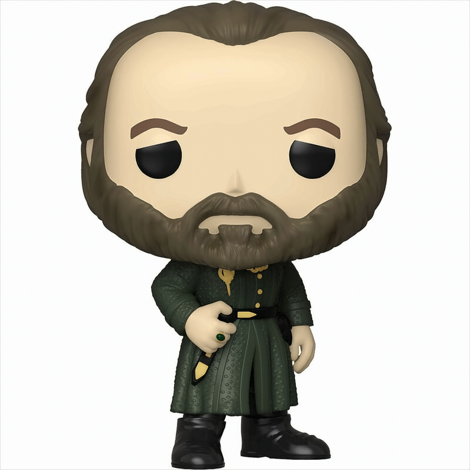 Figura Funko Pop di un uomo con barba, abiti verdi e stivali neri.