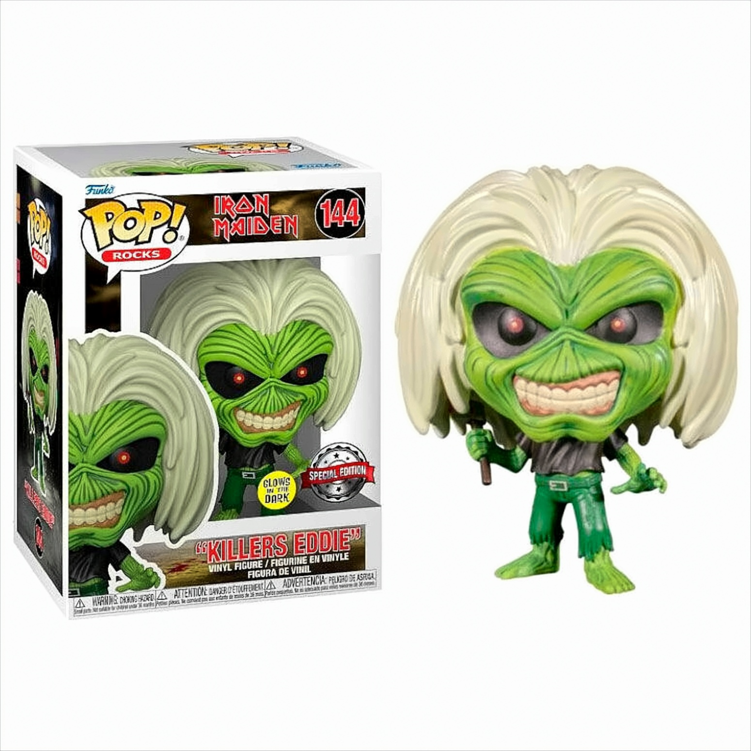 Figura Funko Pop di Eddie degli Iron Maiden. Pelle verde e capelli bianchi. In scatola con testo: Killers Eddie.