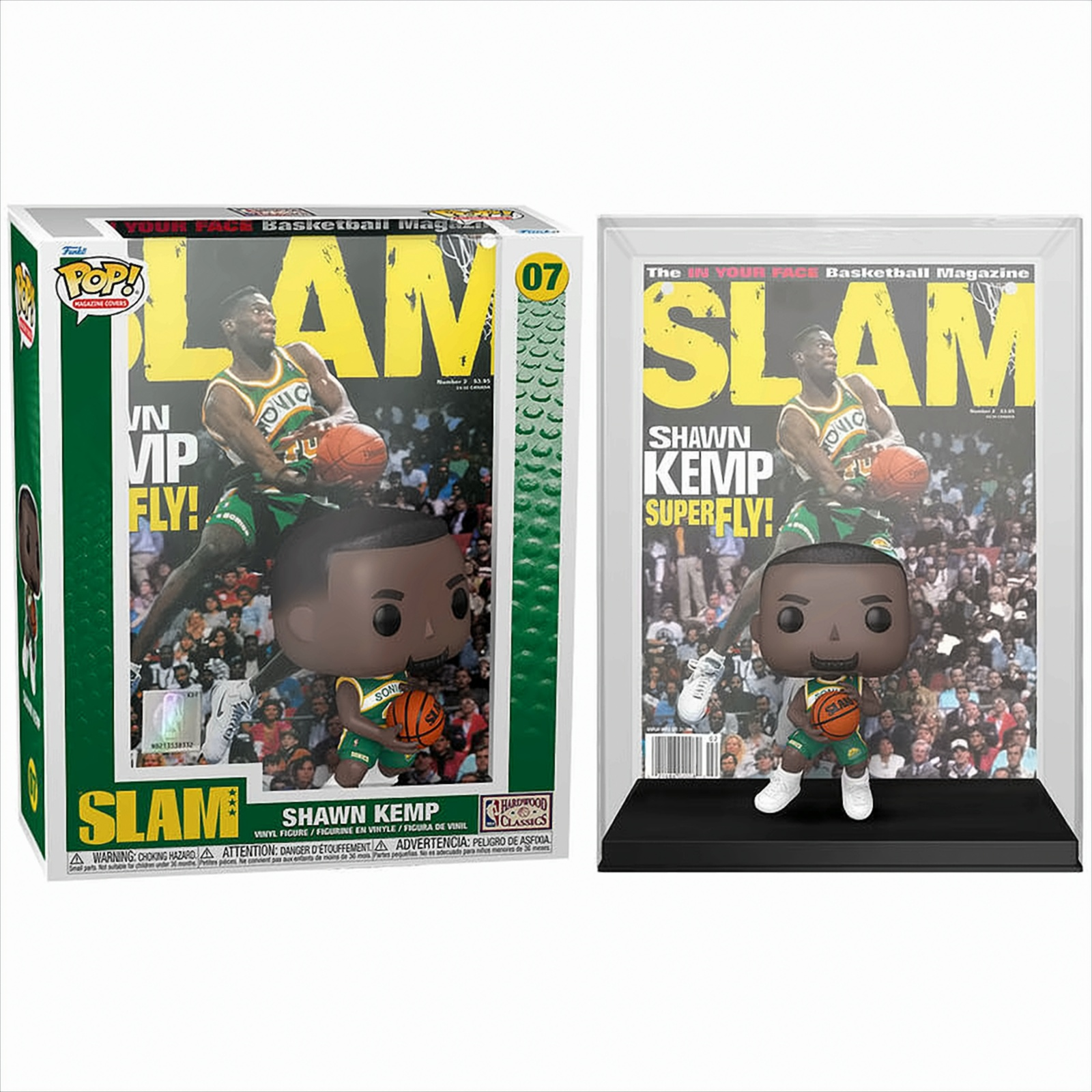 Shawn Kemp Funko Pop Figur in und aus der Box, mit Zeitschriften-Cover.