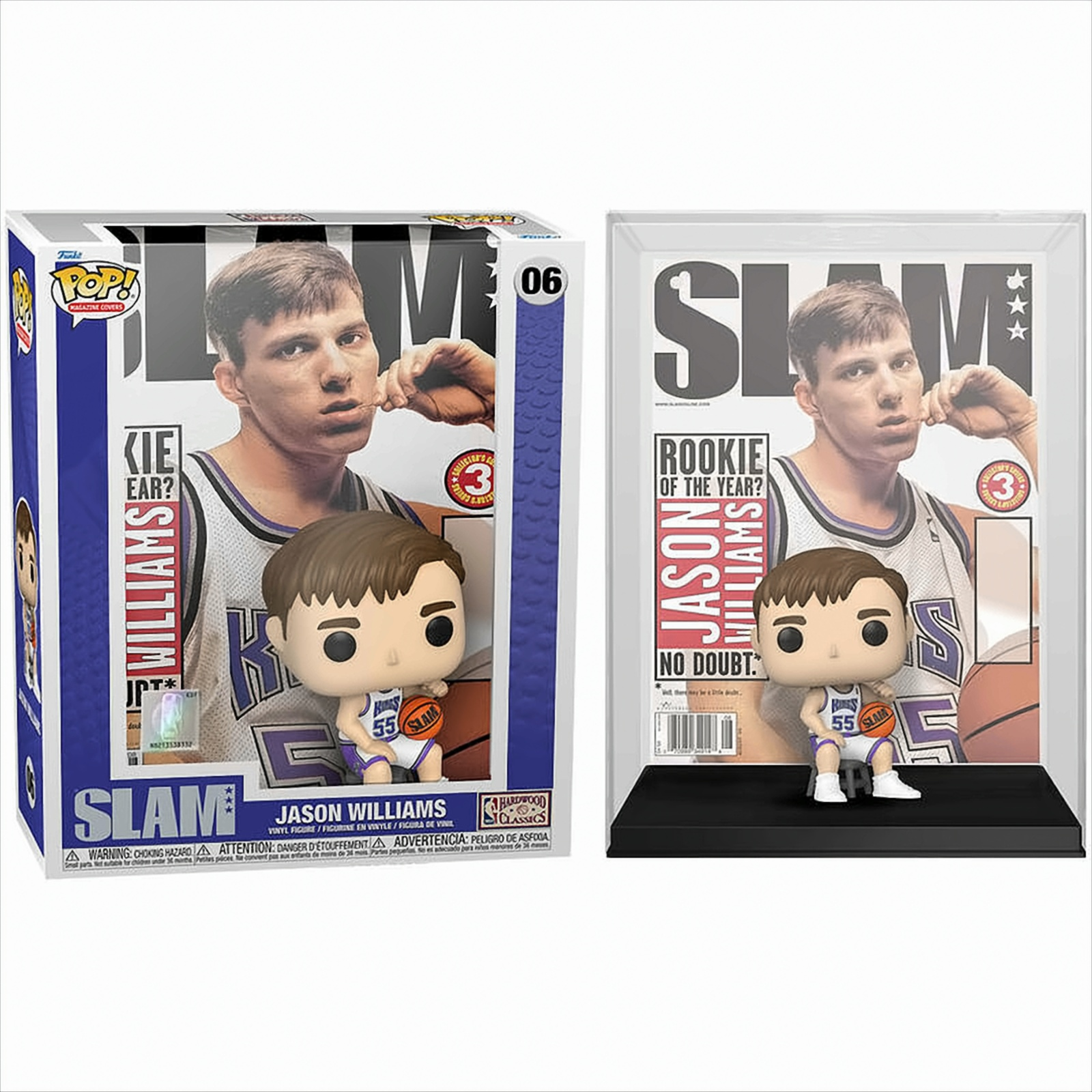 Eine Funko Pop Figur eines Basketballspielers in einer Box und auf einem Ständer ausgestellt.