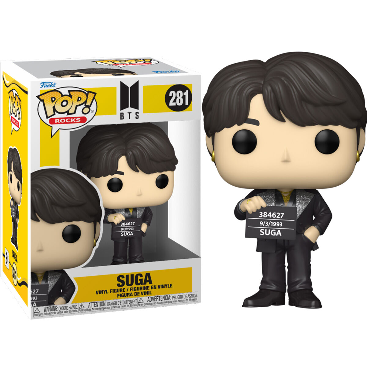 Funko Pop! Figur von BTS-Mitglied Suga in schwarzem Anzug, hält ein Schild.