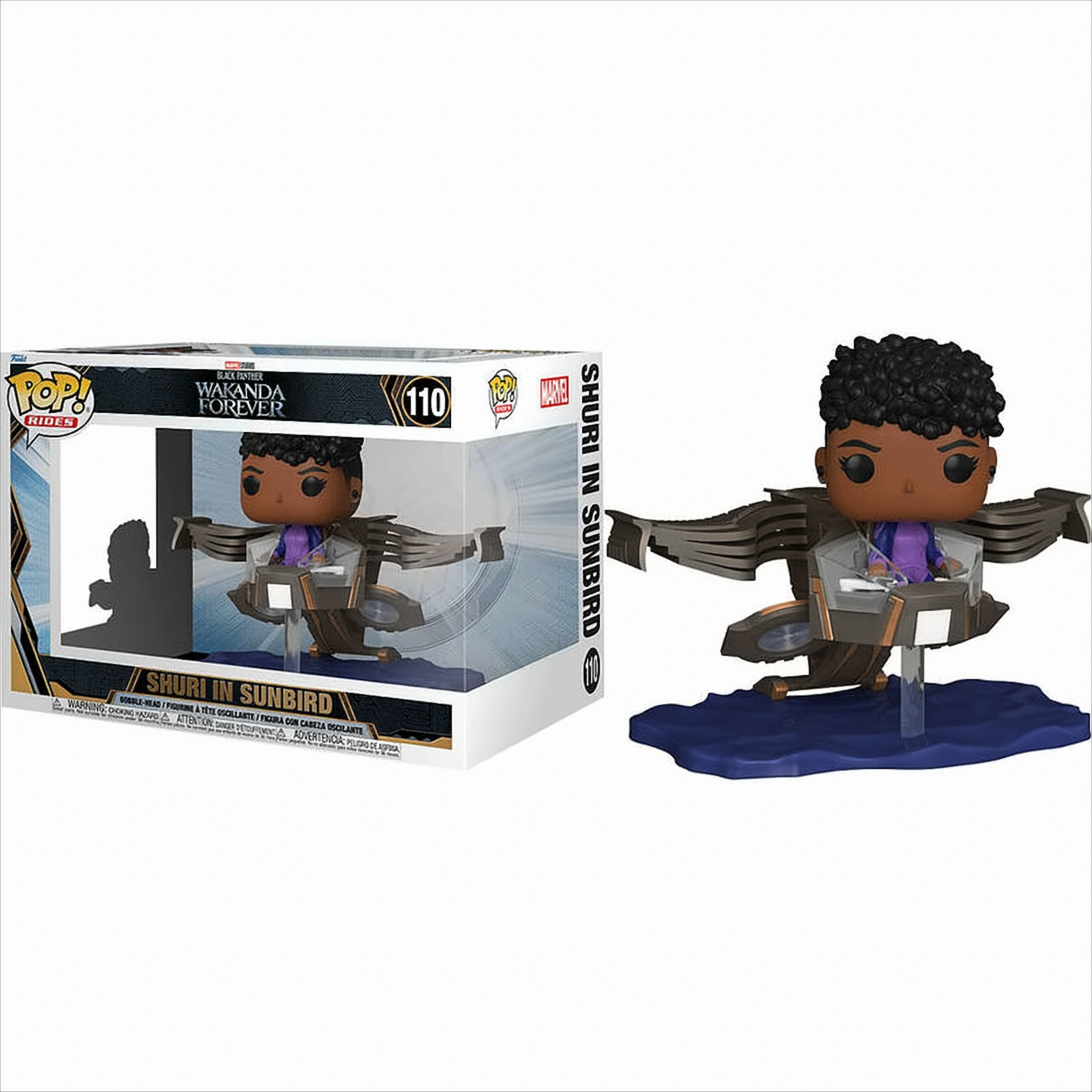 Statuetta di Shuri in Sunbird nella scatola. Marvel's Wakanda Forever. Shuri in un velivolo a forma di uccello solare. Arte in stile fumetto.