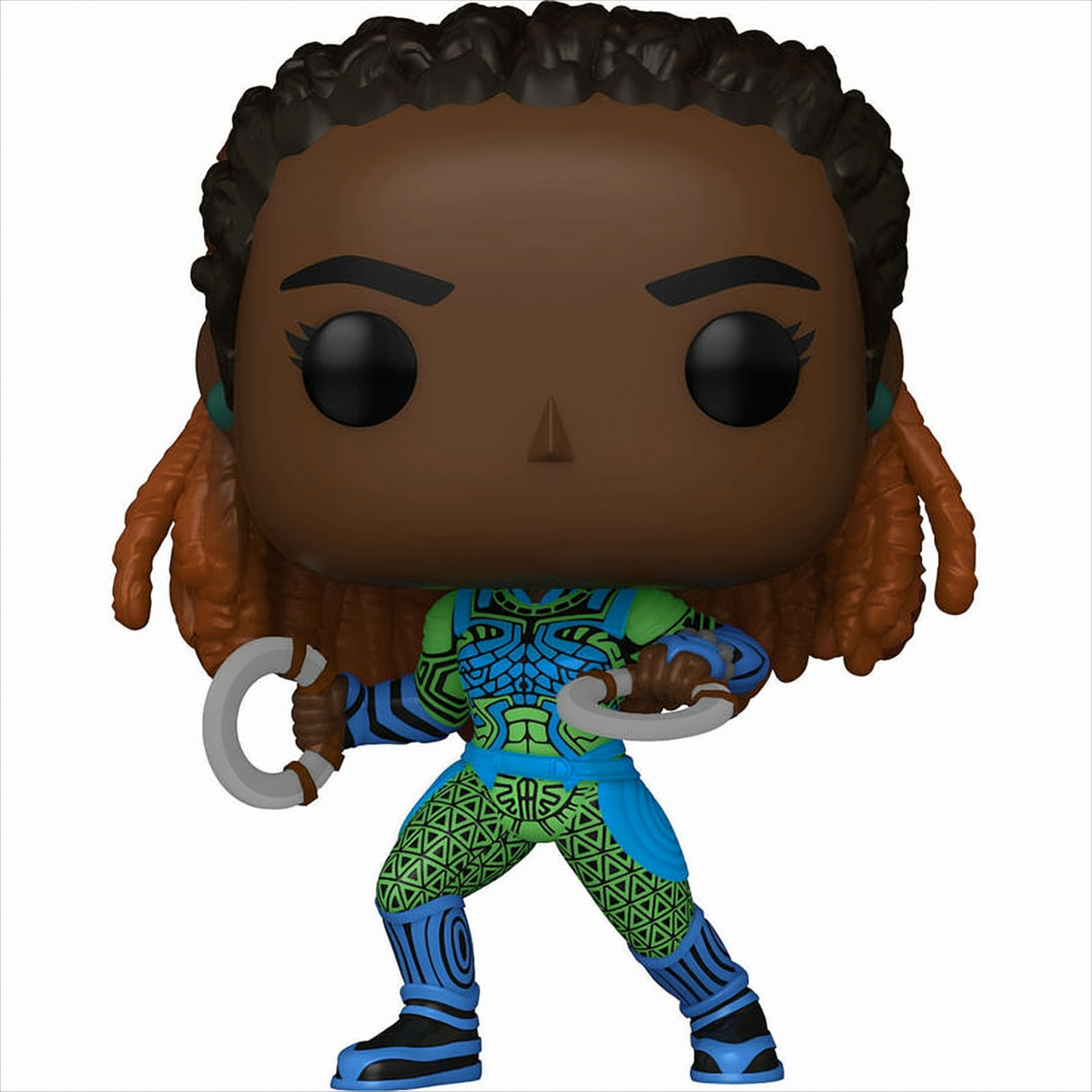 Una figura Funko Pop di un personaggio di Pantera Nera, con due lame ad anello d'argento.