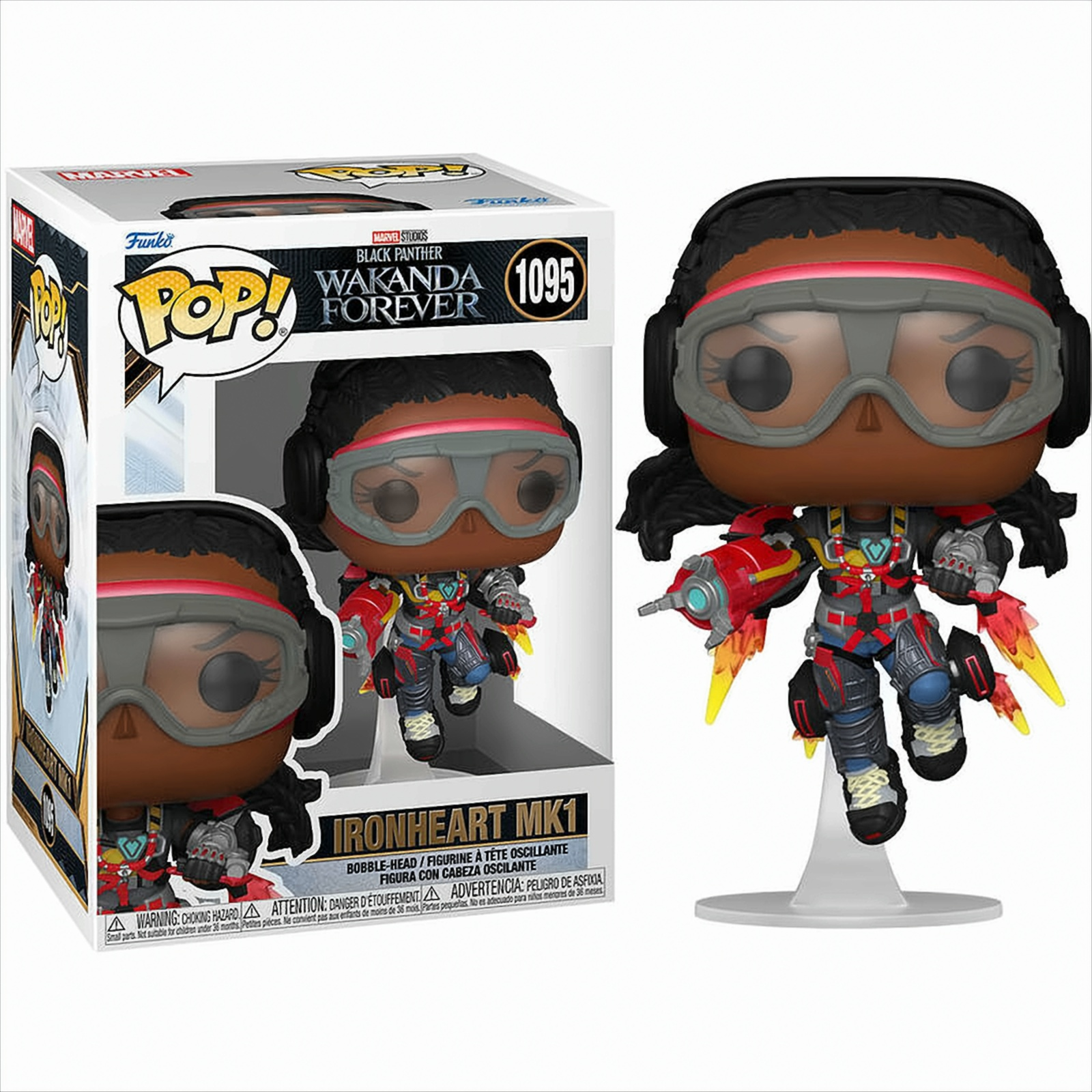 Figura Ironheart MK1, con scatola, su bianco. Figura in posa dinamica.