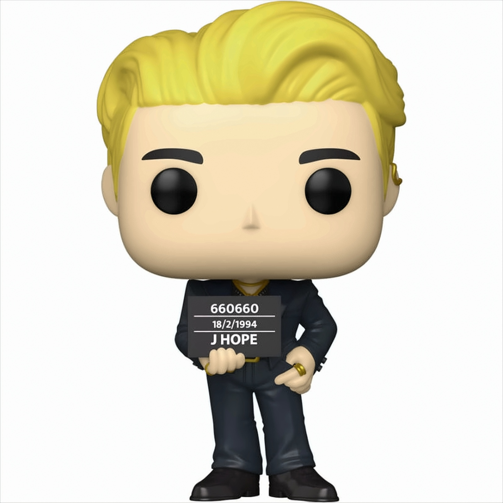 Funko Pop eines blonden Mannes, der ein Schild hält. Das Schild hat eine Nummer und einen Namen.